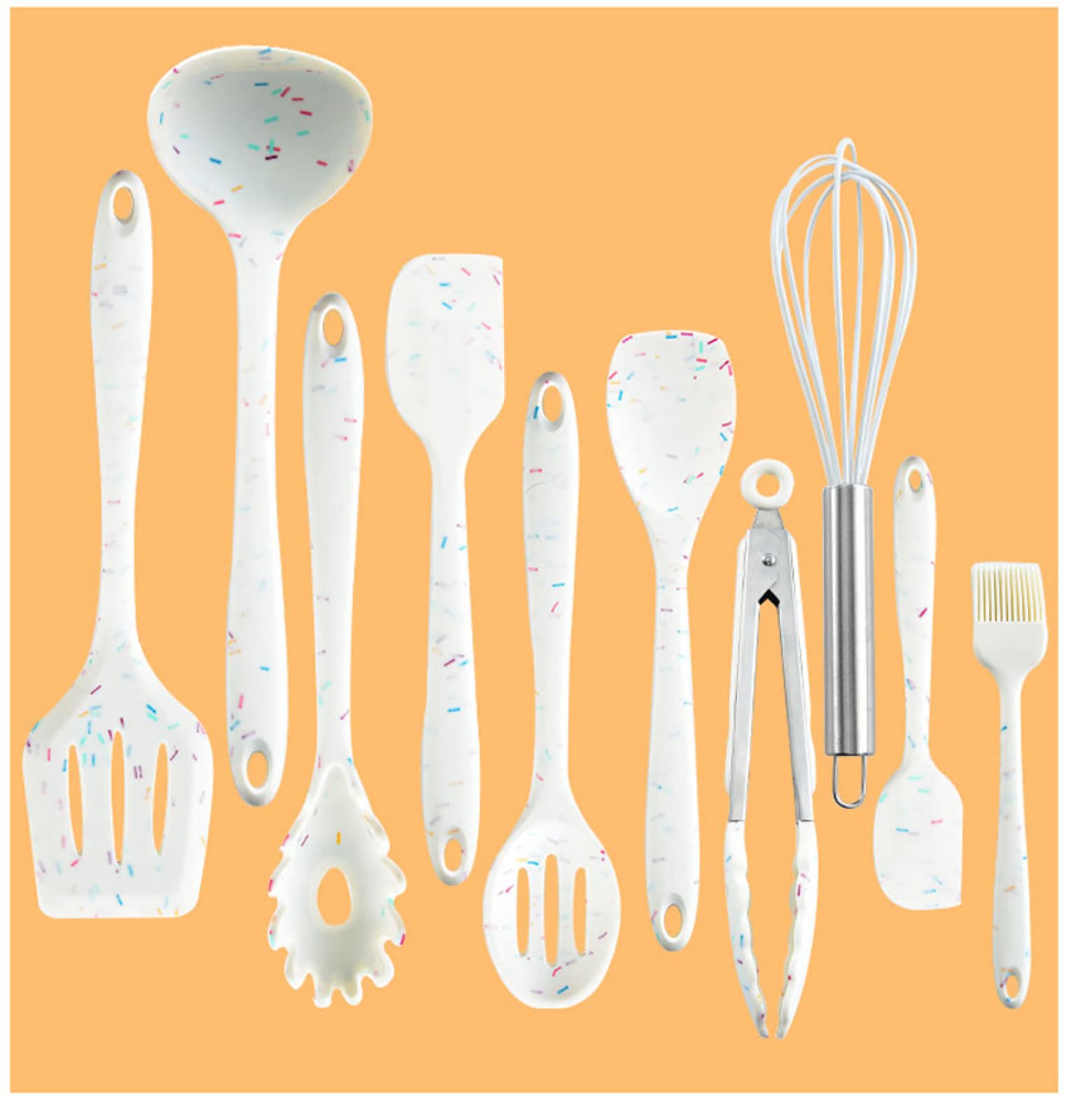 Juego de utensilios de cocina de silicona, espátula antiadherente, mango de madera, utensilios de cocina, 10 unidades, color blanco