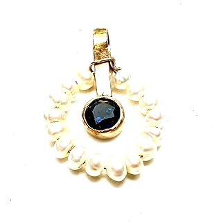 Natural Pearls and Blue Sapphire Pendant in Solid 14K Yellow Gold, 5th 30th 45th Anniversary, Wedding, Bridal