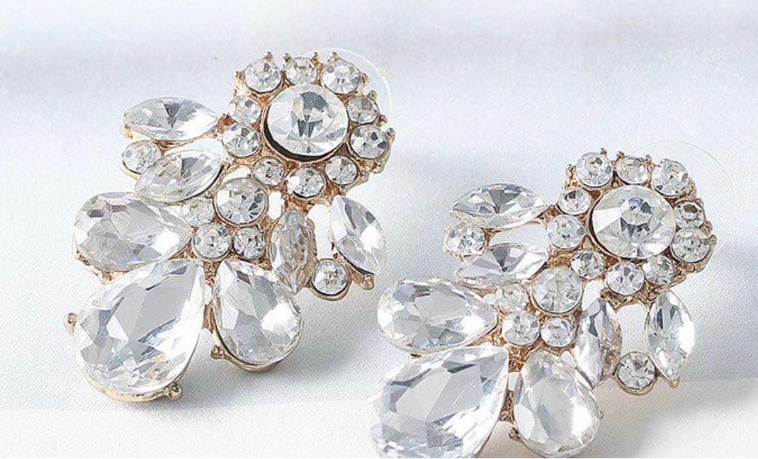 Large Clear Rhinestone Gold Tone Art Deco Antique Vintage Style Imitation Diamond Wedding Bridal Prom Earrings - Image 3