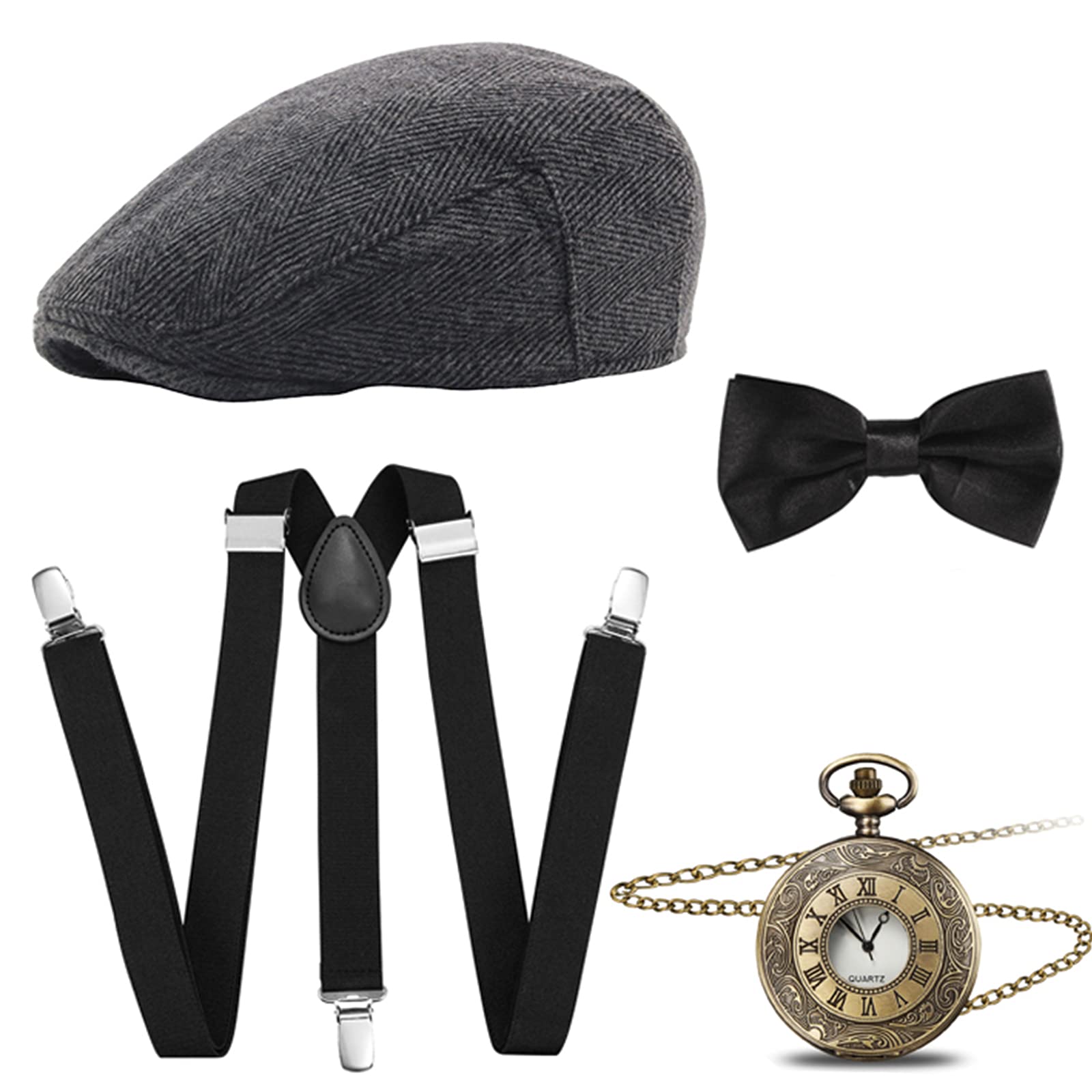 Wagoog Disfraz de mafia para hombre de los años 20, accesorios Gatsby de 1920, incluye sombrero de Panamá, tirantes elásticos, pajarita y reloj de bolsillo vintage