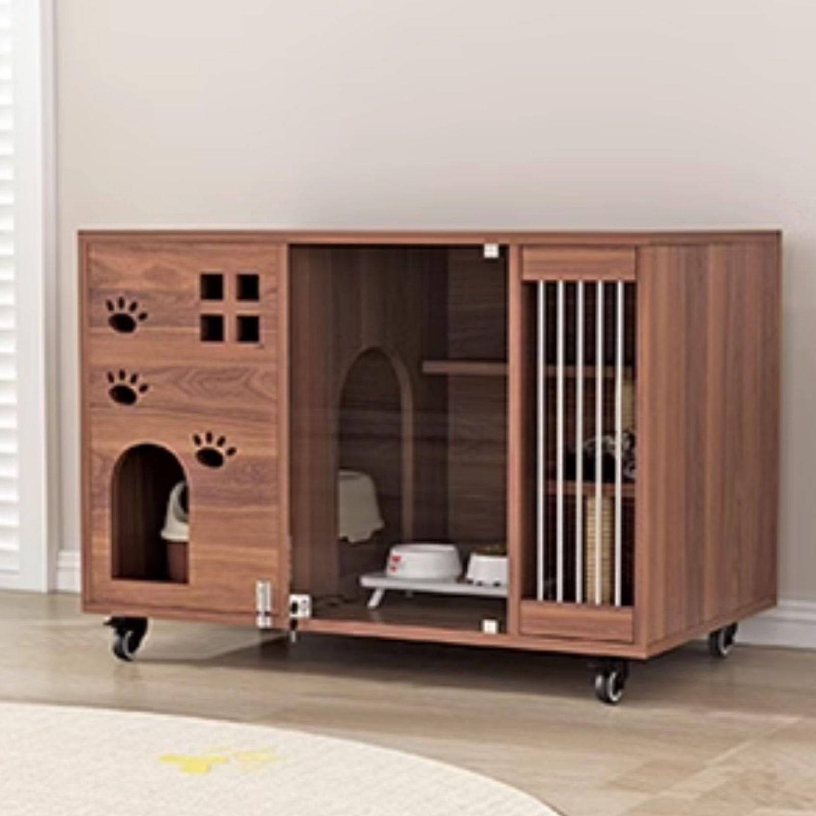 Enclos intérieur pour chat en bois marron avec roulettes et porte vitrée