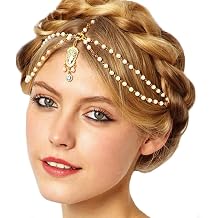Aukmla Pearl Indian Head Chain Festival Halloween Costume Hair Accessories Boho Headpiece for Women