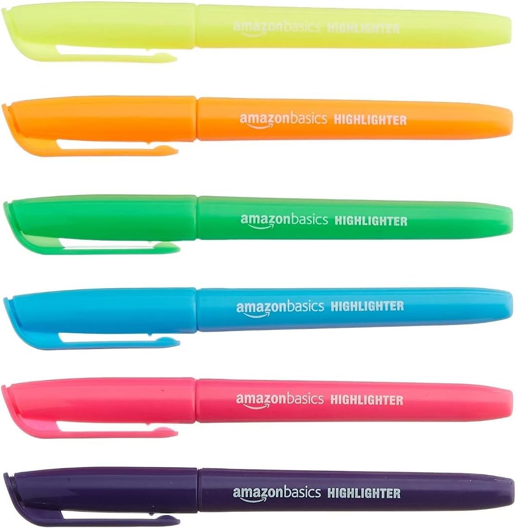 Amazon Basics Highlighters Pack of 12 with 6 Assorted Neon Colours, Durable Chisel Tip, Pens for Adults and Kids, Multicolour