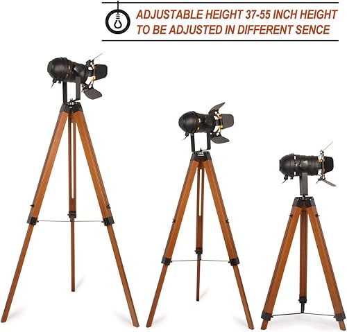 Miniatura 4 de Lámpara de pie industrial para sala de estar, trípode de madera, iluminación alta, color negro, ajustable, pantalla de metal, luces de estudio, E26,