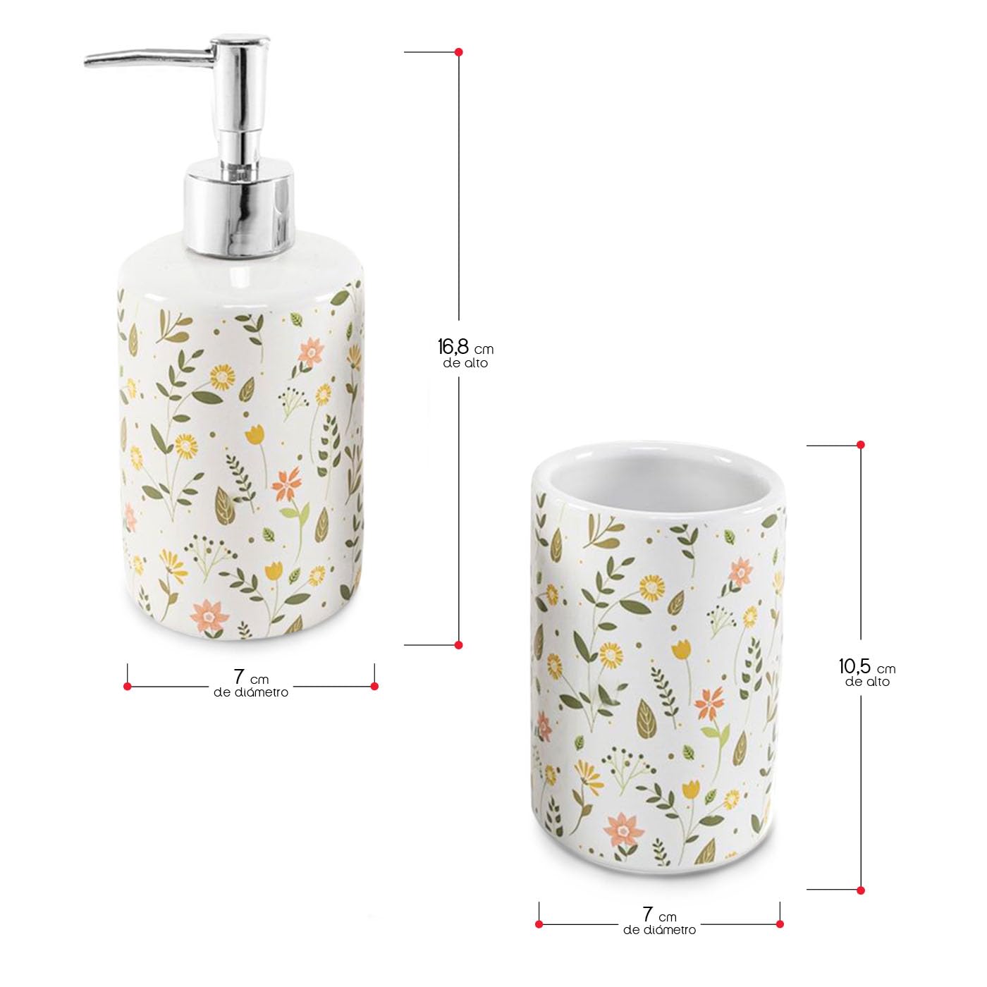 TIENDA EURASIA – Set de Baño | Dispensador de Jabón y Portacepillos | 7x16.8cm 7x10.5cm | Cerámica y Plástico Libre de BPA (Flores)