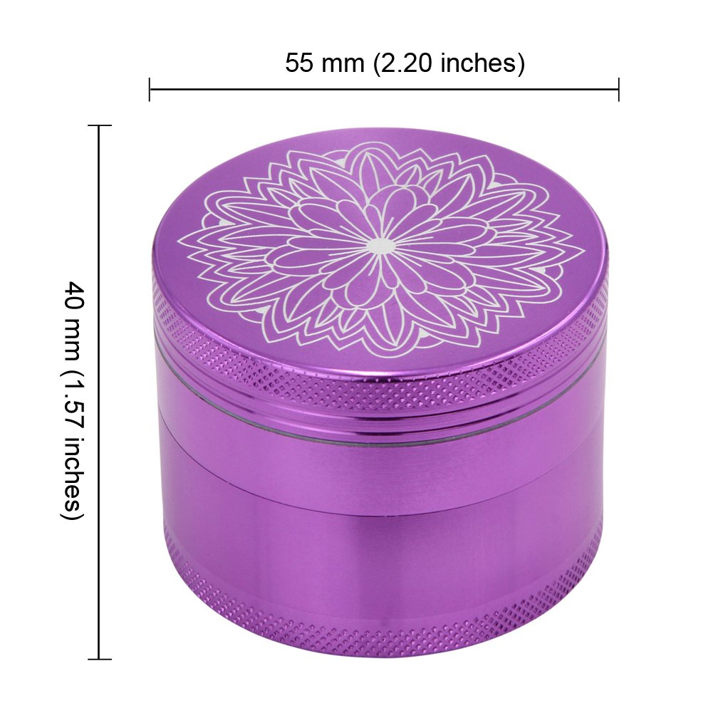 DCOU Nuevo Diseño Premium Molinillo de hierba de aluminio 2.2 pulgadas 4 piezas molinillo de metal con catcher de polen con flor tallada (Púrpura)