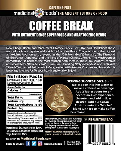 Medicinal Foods Coffee Break Healthy Energy Drink: Caffeine-Free Coffee Substitute, Loaded w/ Superfoods, such as Chaga, Reishi, and Maca, Non-Acidic, Non-GMO, All-Natural, Organic, Gluten-Free (6oz)