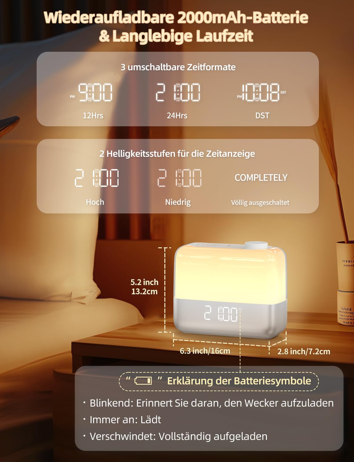 Sonnenaufgangswecker für Schlafzimmer: Wecklicht, RGB Nachtlicht, 9-Min Schlummer, 6 natürliche Klänge, 7 Lautstärken, wiederaufladbare Batterie, 2 laute Alarme für Schwerschläfer (Silber)