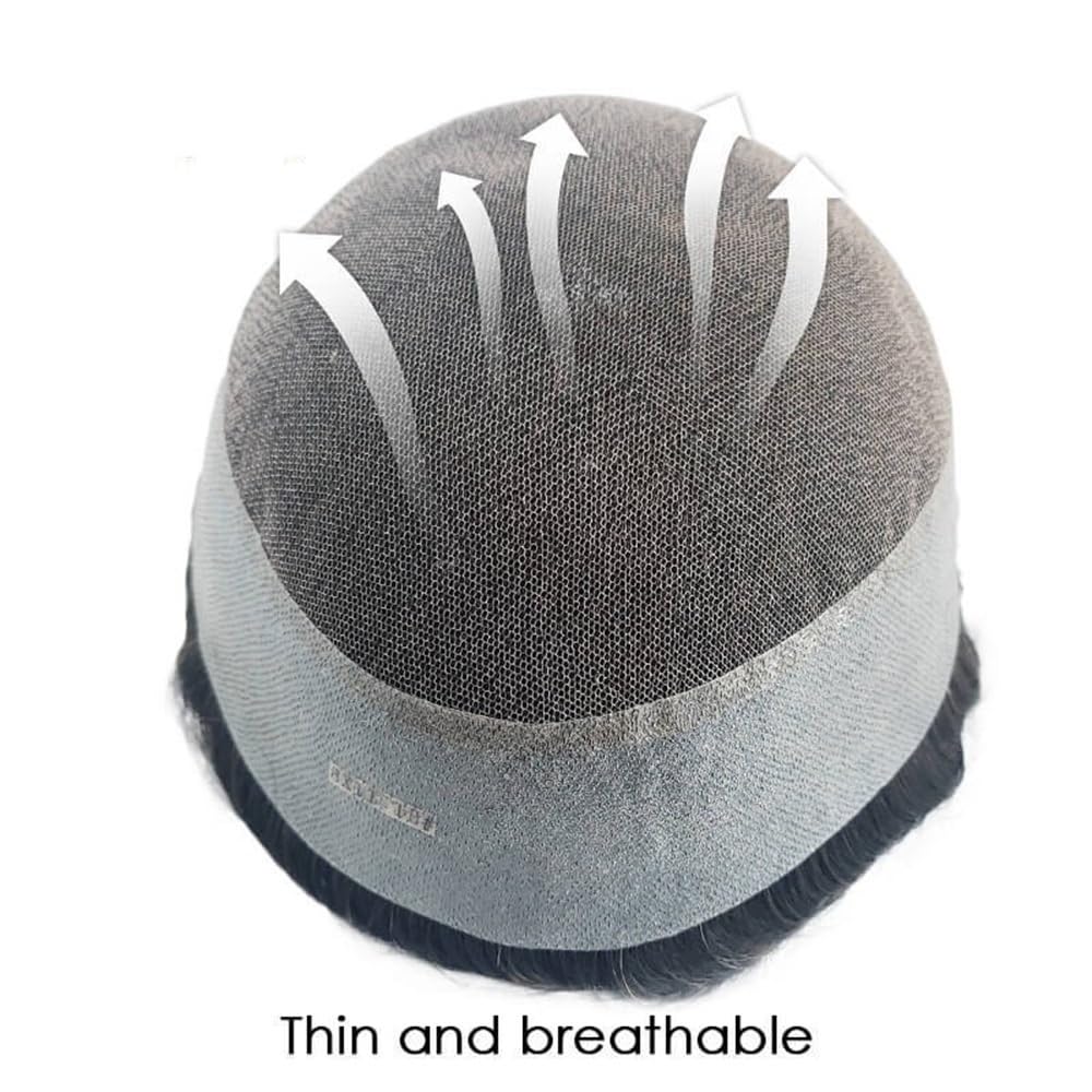 Men's Toupee Parrucca for uomo in capelli umani australiani con pizzo svizzero e pelle PU intorno, protesi for capelli maschili traspiranti(5x7)