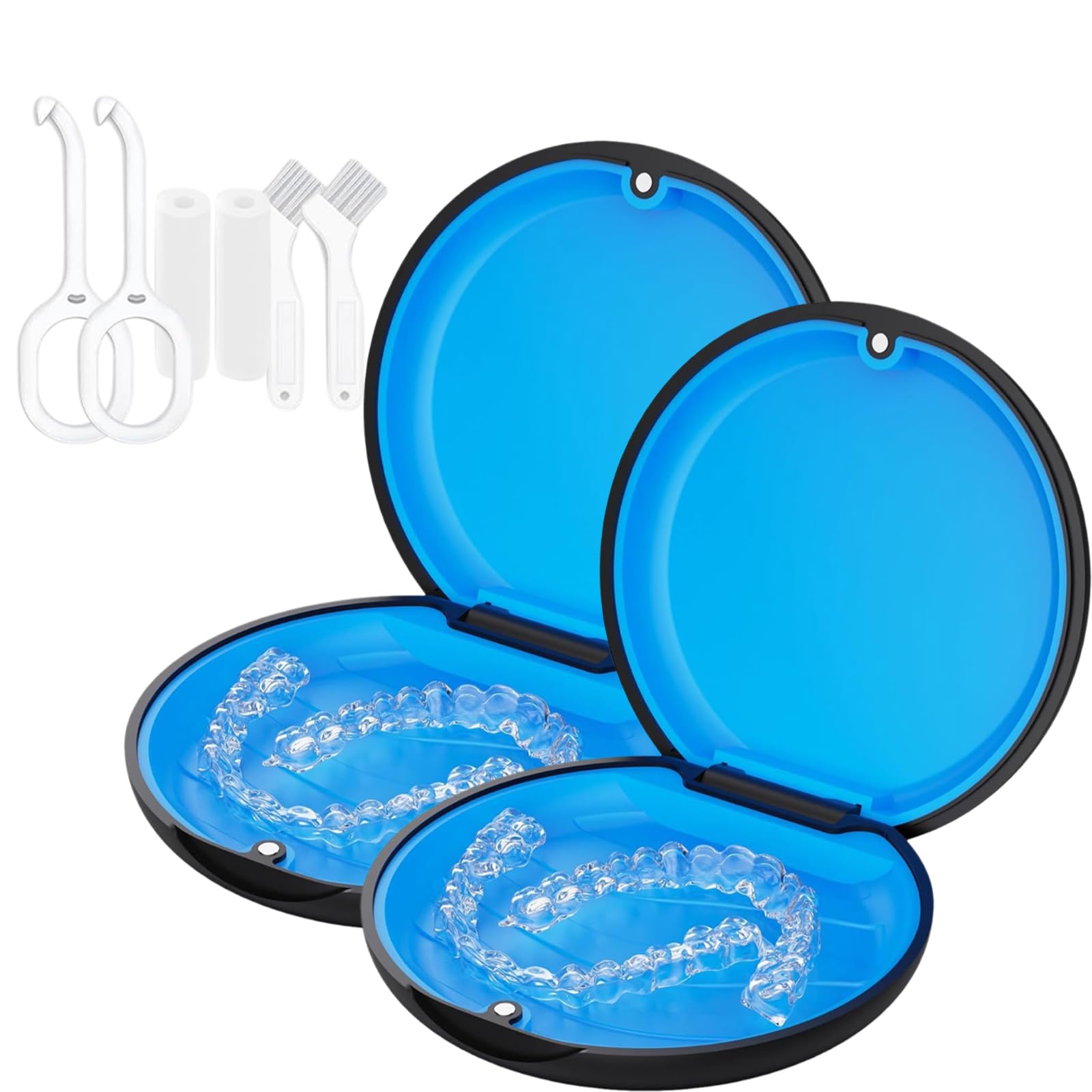 Lot de 2 coques minces d'alignement pour Invisalign, étui de protège-dents avec outils de retrait et aligneurs à mâcher et brosse, plateau intérieur amovible en silicone pour un nettoyage facile (noir