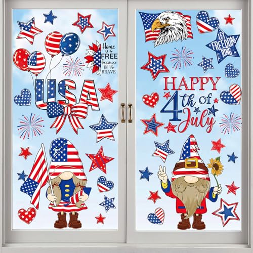 Image of 119PCS 4th of July Window Clings for Glass Windows, USA 250th Independence Day Decorations, Patriotic Static Cling Window Stickers Reusable for Home Office Party Decor, Red White Blue Window Decals