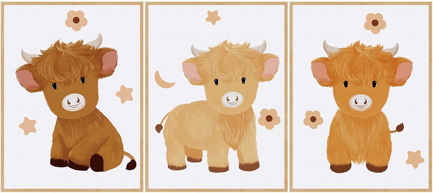 Geyoga 3 Pcs Baby Highland Cattle Canvas Wall Decor Art Watercolor Highland Baby Cow Nursery Decor Picture Animal Farm Painting Prints Furry New Mom Gifts for Boys and Girls Room, 12 x 16 Inch