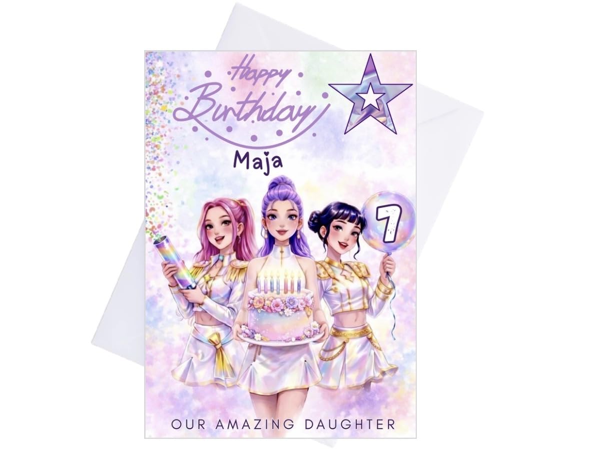 Personalised KPop Birthday Card for Girl – Custom Name & Age Card – Granddaughter, Daughter, Niece Birthday – Custom Front & Inside Message – A5 Matte Card with Envelope