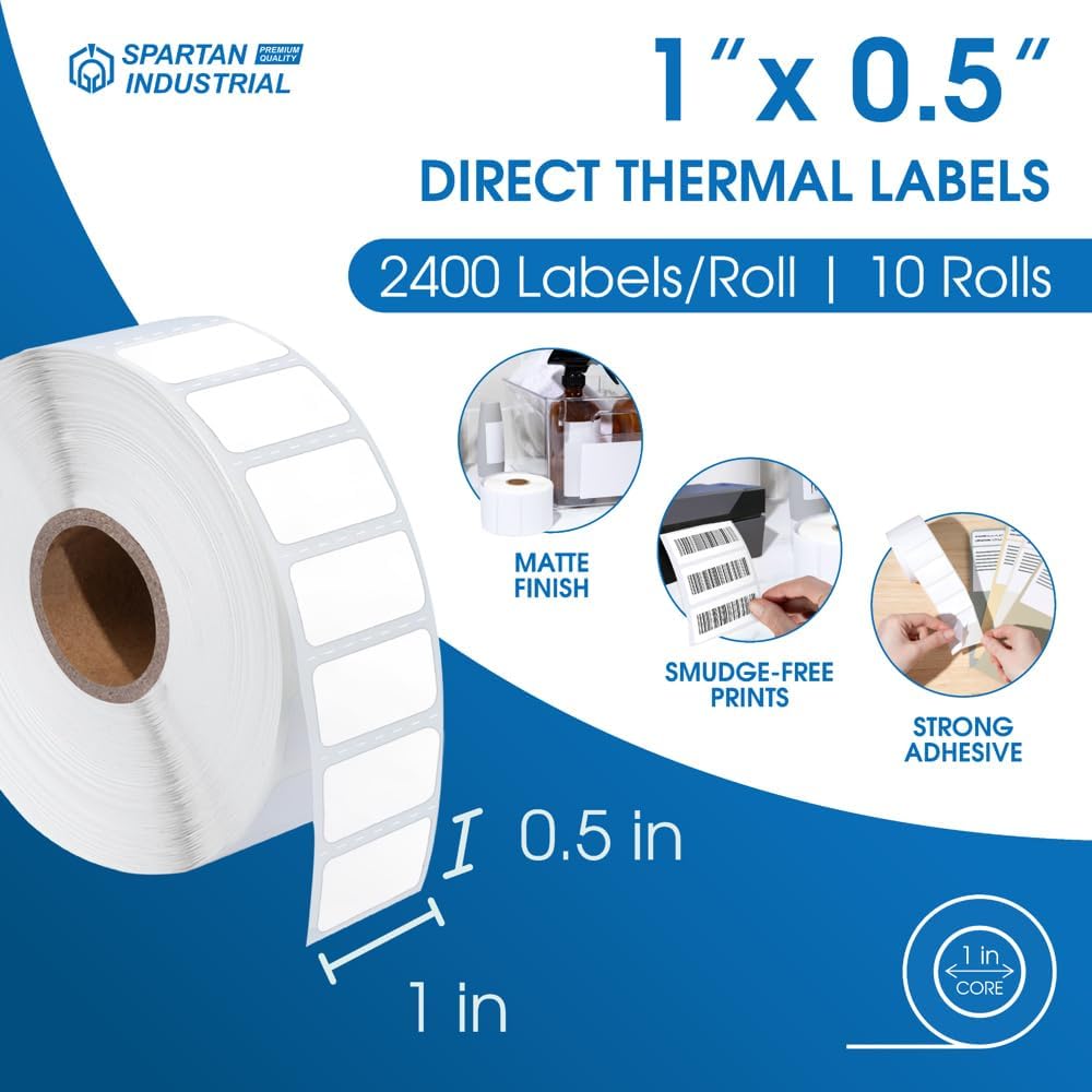 Spartan Industrial - 1" X 0.5" Direct Thermal Labels (24000 Count, 10 Rolls) - Barcode Stickers, SKU Labels, Small Item Identification - Compatible with Zebra Printers, NOT Rollo Compatible