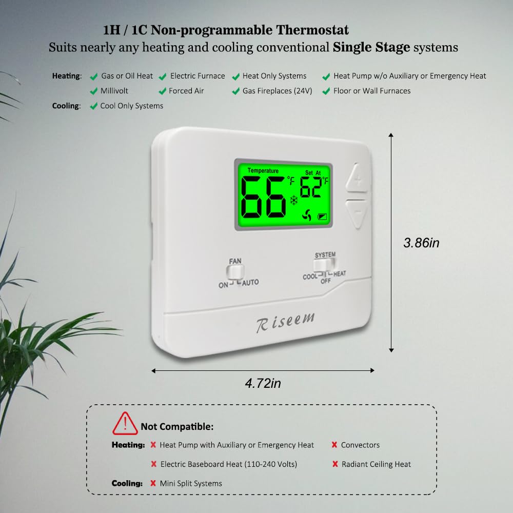 Termostati non programmabili per sistemi monostadio convenzionali domestici, fino a 1 calore/1 freddo (con retroilluminazione verde)