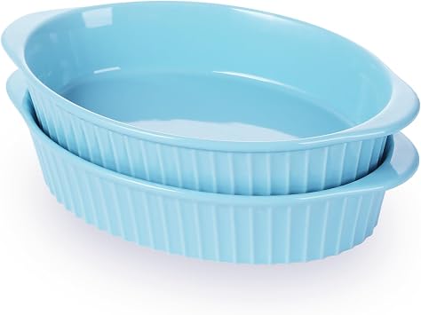 LEETOYI Porcelain Small Oval Au Gratin Pans, Baking Dish Set for 1 or 2 person servings, Bakeware with Double Handle for Kitchen and Home, Set of 2 Turquoise