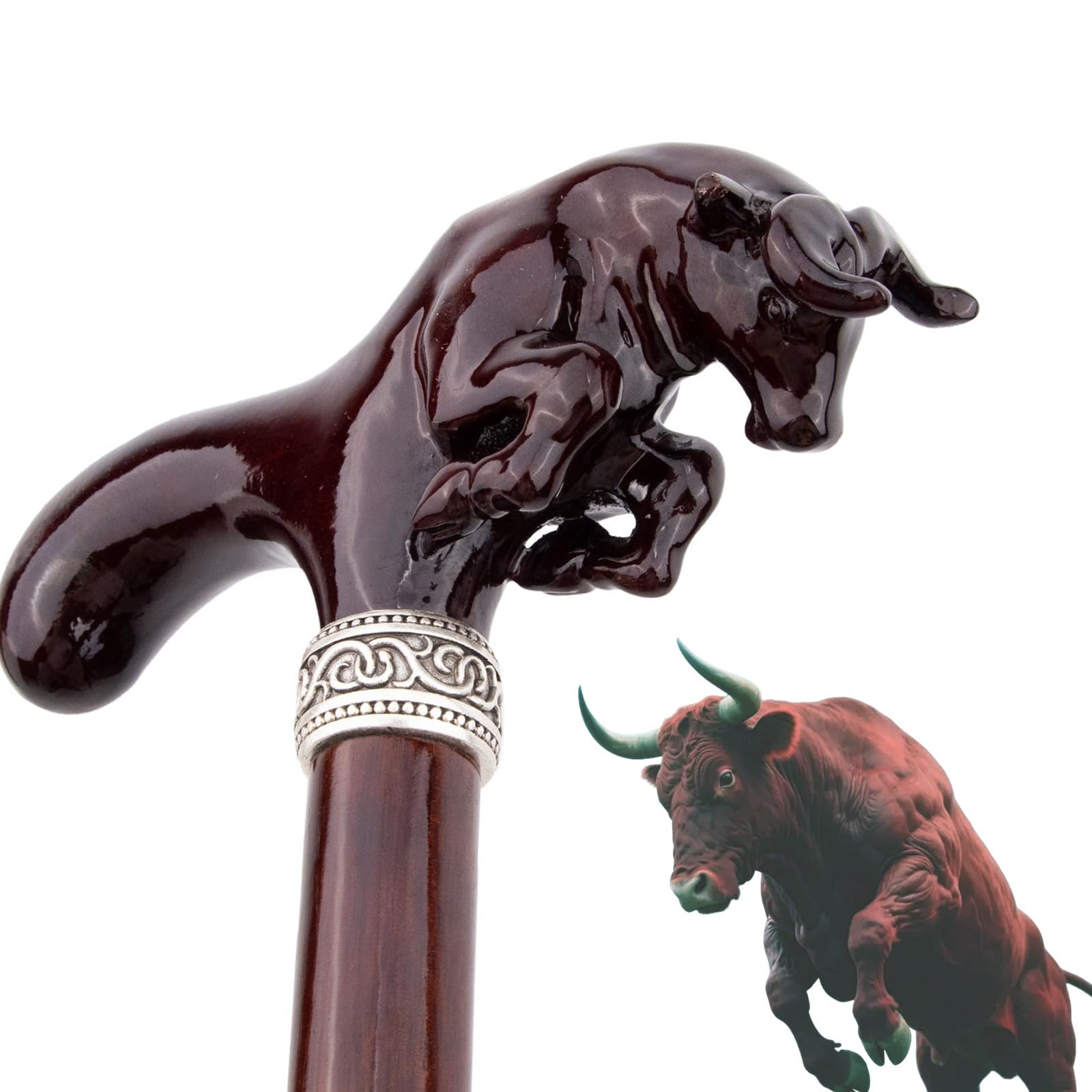 Bastón de Madera Maciza con Cabeza de Toro, Bastón de Moda de Doble Articulación, Bastón Decorativo para Fiestas de Cosplay, Báculo de Halloween de 36,22 Pulgadas