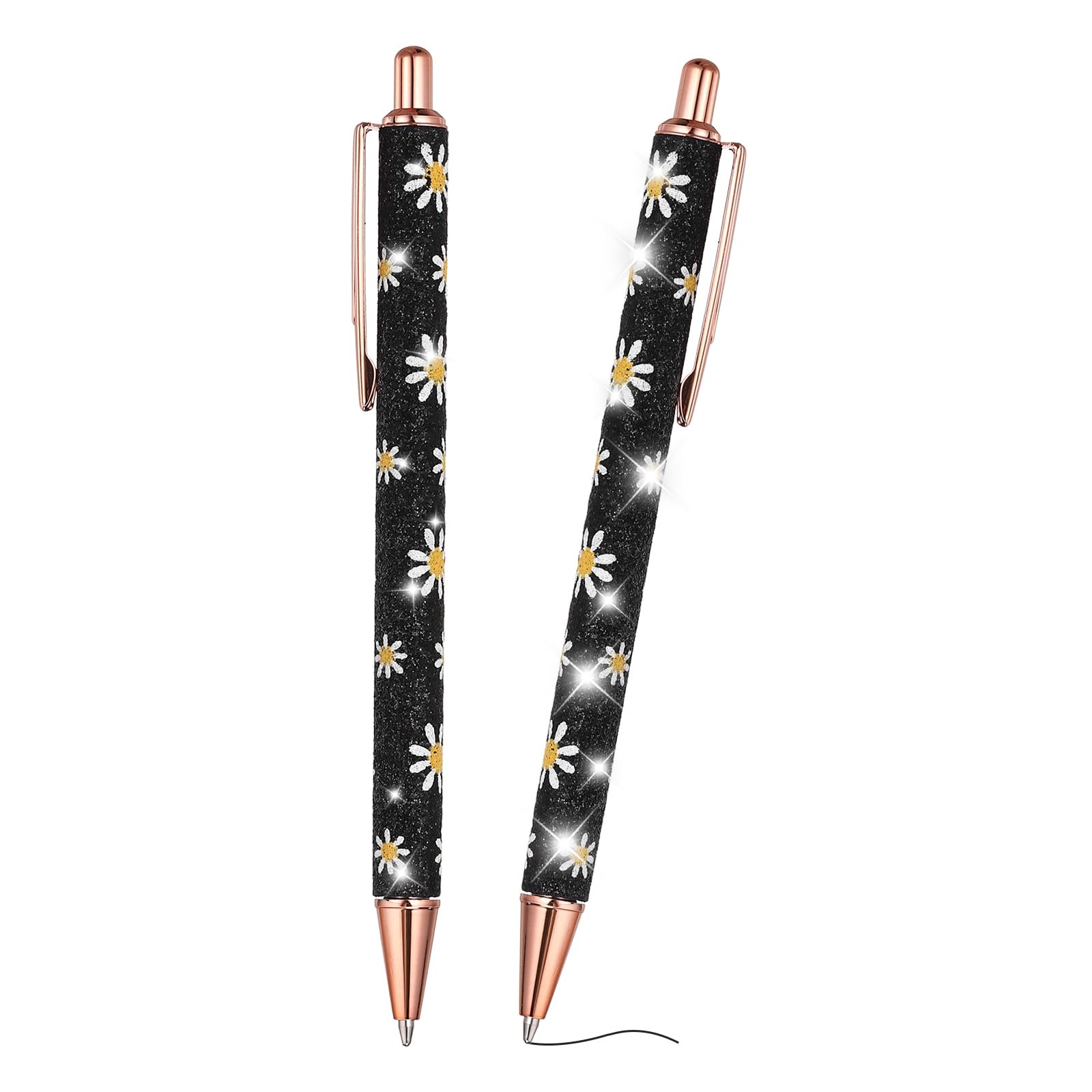 PATIKIL 2Pcs Fancy Pens for Women, Medium Point 1.0mm Black Ink Glitter Ballpoint Pen Metal Retractable Journaling Ballpoint for Gifts Office Journaling, Black