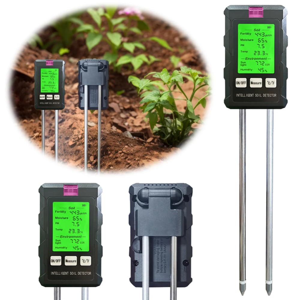 DollaTek Misuratore di terreno 6 in 1 Misuratore di umidità fertilità del suolo pH temperatura luce ambientale e umidità con schermo illuminato HD per la coltivazione di piante in giardinaggio