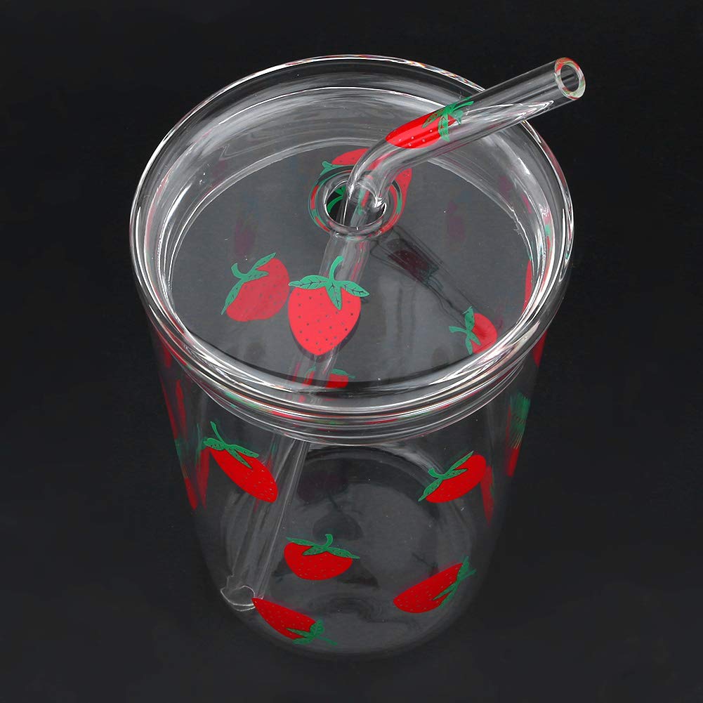 Hidyliu Heat Straw Glass Light Strawberry Design Coffee Drinking Water Glass Cup with Straw Lid
