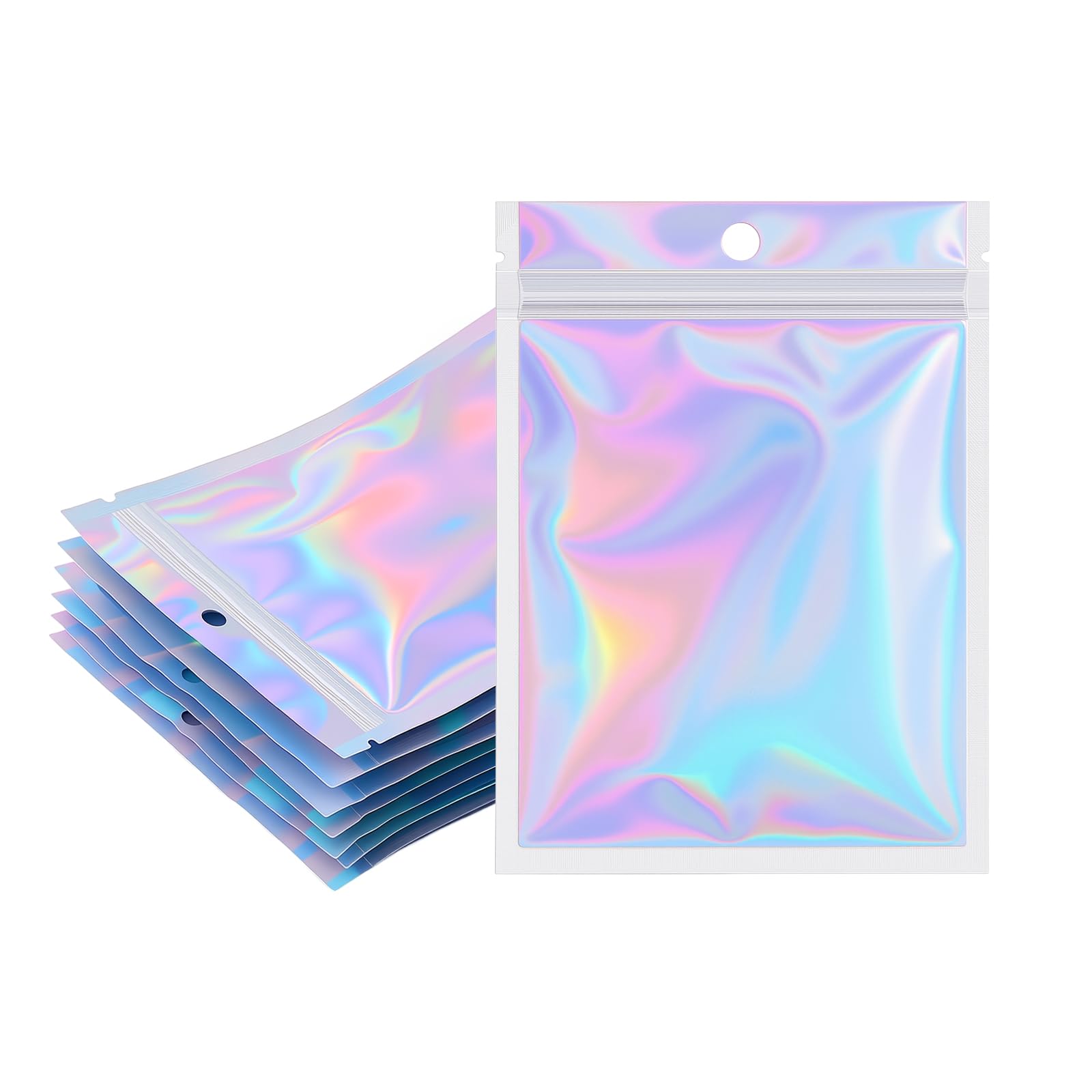 100pcs Holographic Mylar Zip Lock Bags Resealable 10.4 x 14.9 cm, Sealable Foil Sample Pouch Gift Baggies for Candy Snack Jewelry Lash Lip Gloss