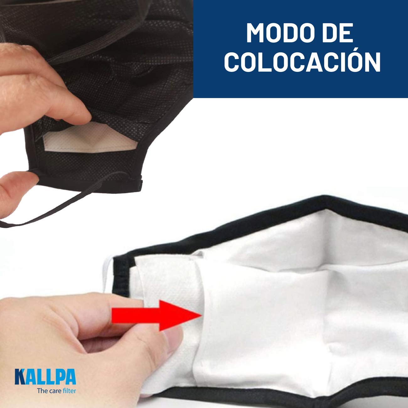 [ENVÍOS EN 24H] KALLPA® Pack de 100 filtros para mascarillas UNE0065 - REUTILIZABLES - fabricados en España - hidrófobo, antiestático y antibacteriano, muy transpirable (TNT) (Packs Adulto)