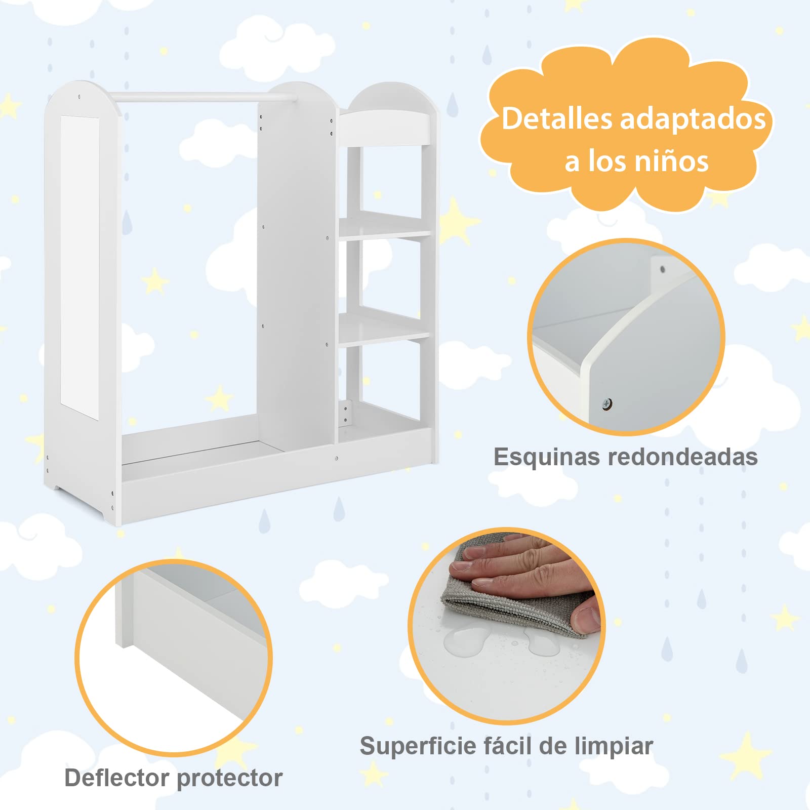 COSTWAY Armario de Almacenamiento para Niños con Espejo, Perchero de Ropa, Armario de Madera para Niños, Muebles Organizadores de Juguetes y Disfraces para Niños Pequeños (Blanco)