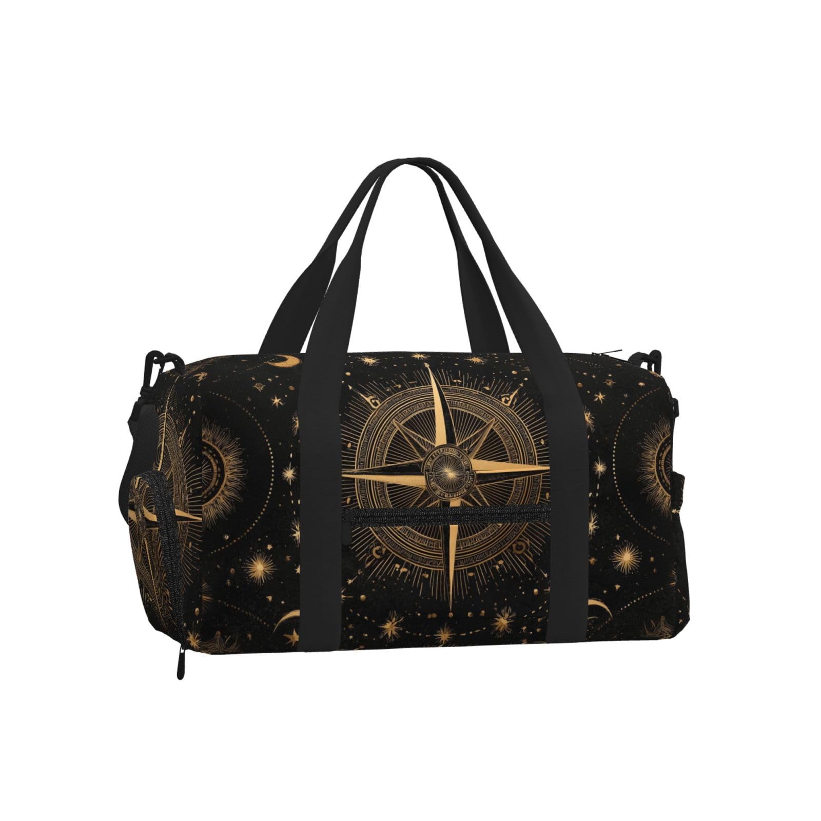 Mexpekil Gold Compass Stars Gym Bag with Shoe Compartment Waterproof Duffel Bag Large Overnight Weekend Bags Travel Holdall for Women Men Teens