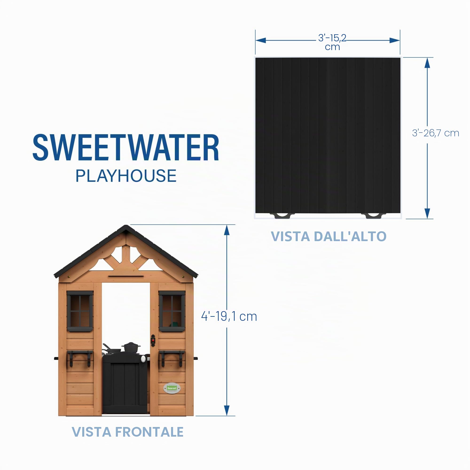 Backyard Discovery Casetta giocattolo Sweetwater in legno per bambini all'aperto con finestre marrone e nero