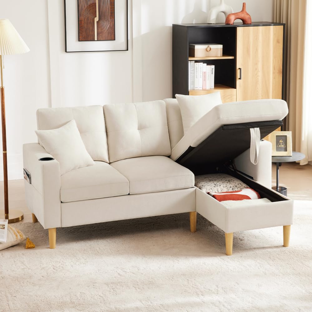 Sofá esquinero intercambiable, sofá de 3 plazas con chaise longue, sofás de esquina modernos con espacio de almacenamiento, 2 portavasos, 2 cojines, sofá esquinero en L con bolsillo lateral, para