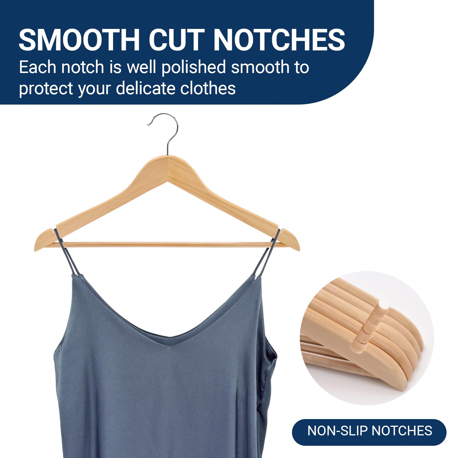 Amber Home Perchas de Madera Maciza, Paquete de 20 Perchas de Madera Suave con Acabado Natural con Barra Antideslizante para Pantalones, Perchas de Ropa con Gancho Giratorio de 360 Grados y Muescas