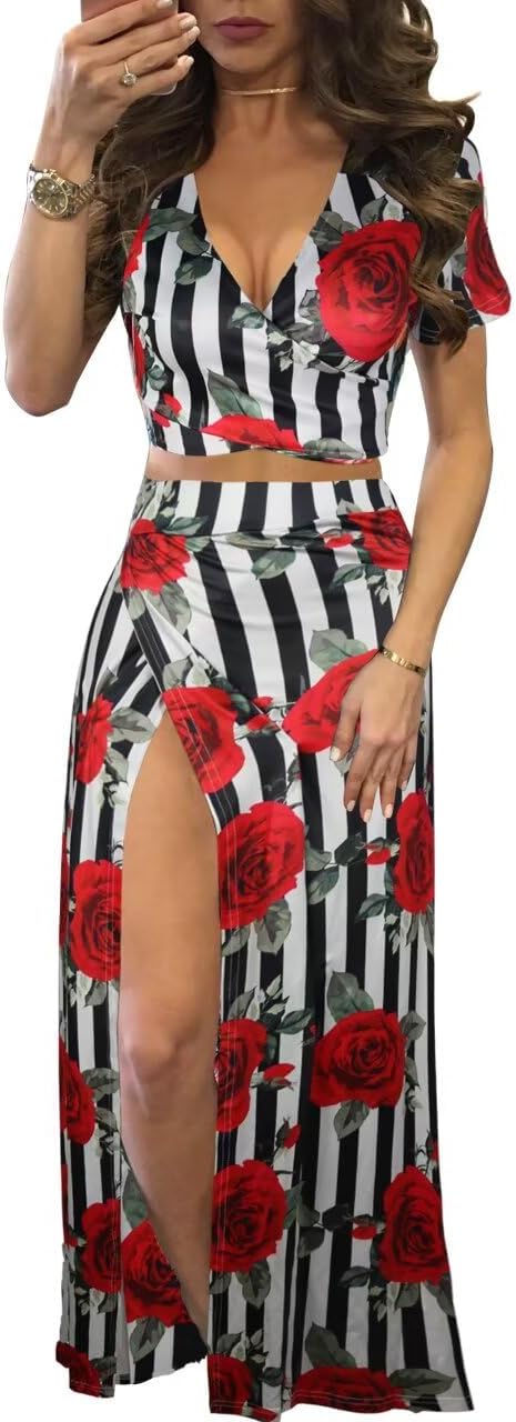 Womens Sexy 2 Piece Outfits Floral Print V Neck Crop Top and High Split Maxi Skirt Sets