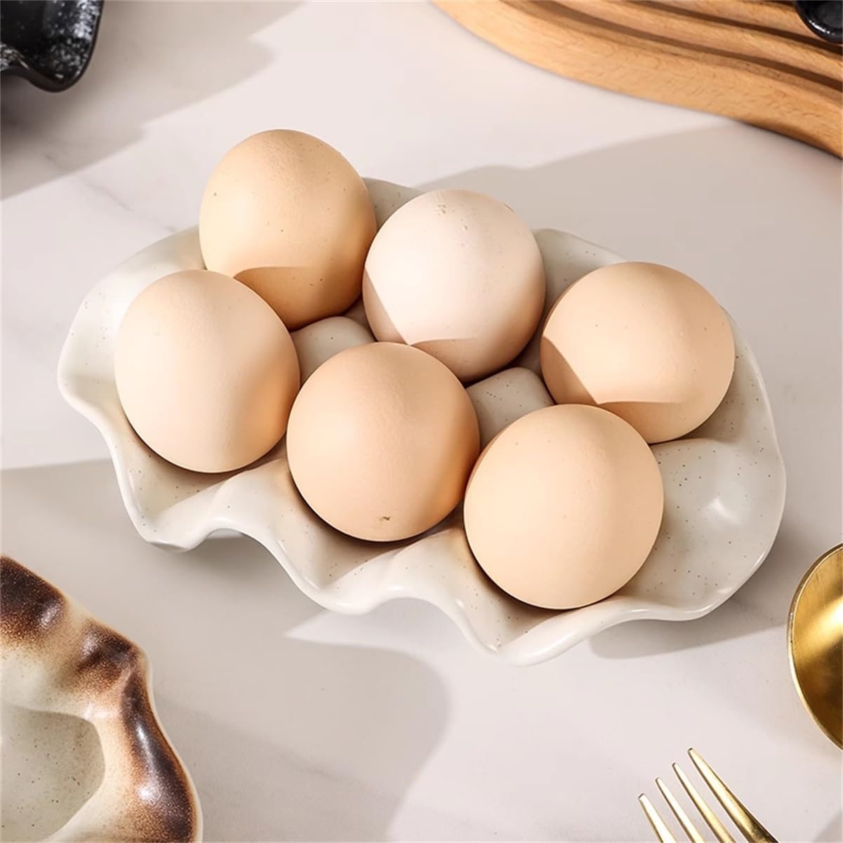 Egg Tray, Handmade Ceramic 6-Slot Creative Decoration Living Room Storage Tray for The Key, Ring and Jewelry, 2 Pieces ﻿ ﻿(E)