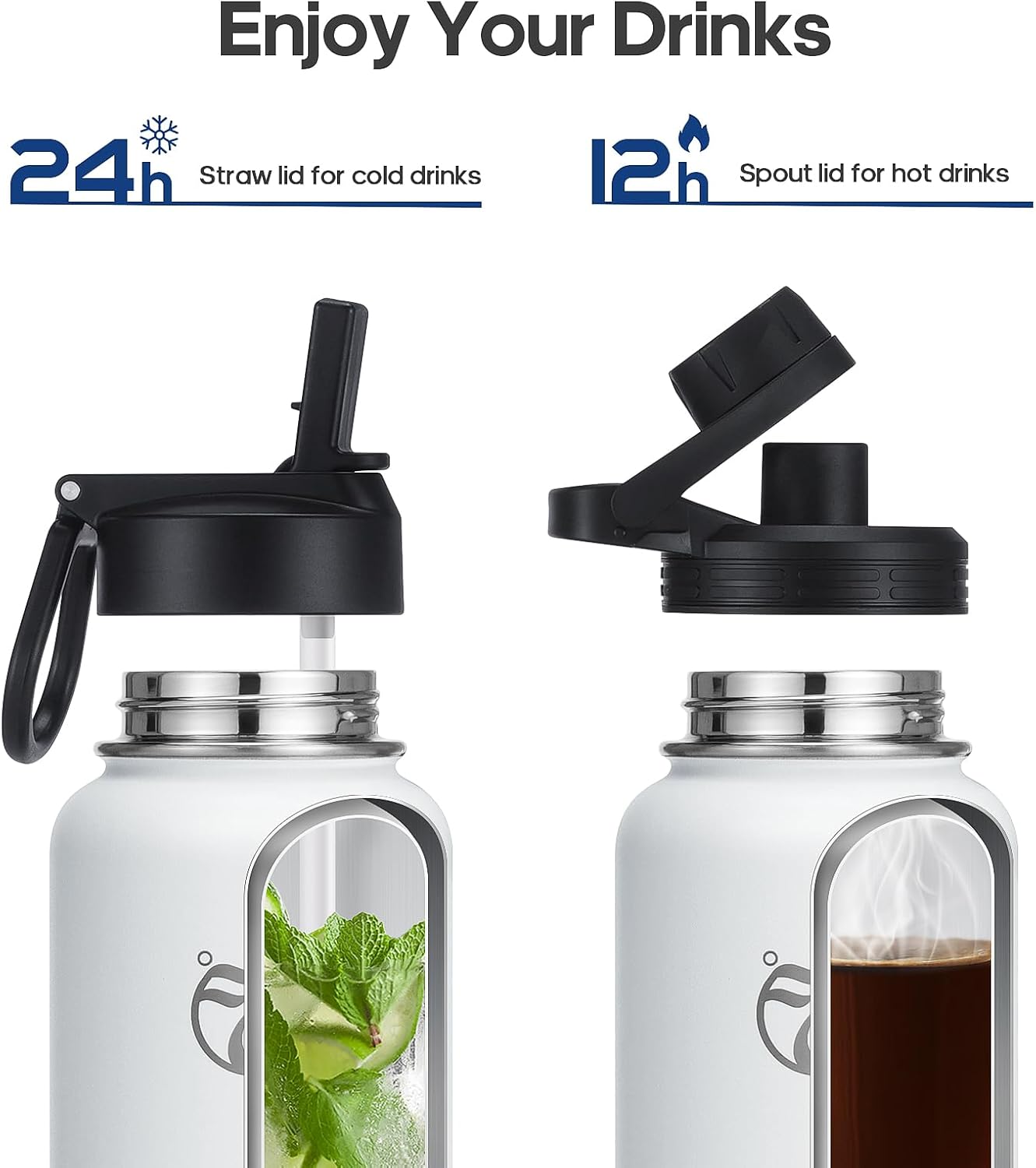 32/40oz Insulated Water Bottles with 2 Lids Leak Proof Spout Lid & Straw Lid, Stainless Steel Water Bottle with Straw, Wide Mouth Sport Bottle Double Walled Vacuum, Portable Water Flask for Camping