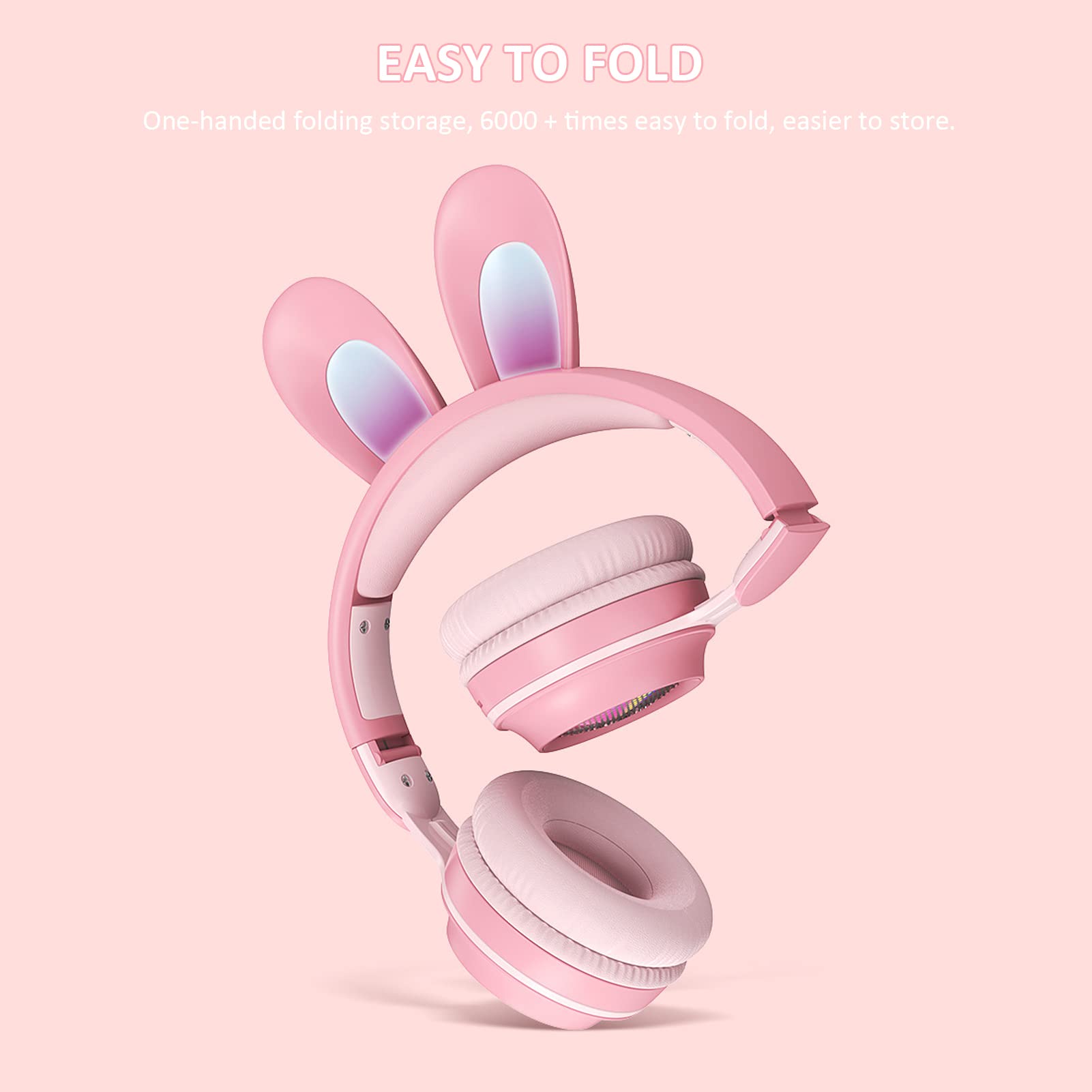 Auriculares para Niños, Auriculares Bluetooth 5.0 con Oreja de Conejo, Auriculares Inalámbricos Plegables con Luz LED sobre la Oreja, Soporte TF/AUX, Regalos para Niños, Niños Pequeños,(Rosado)