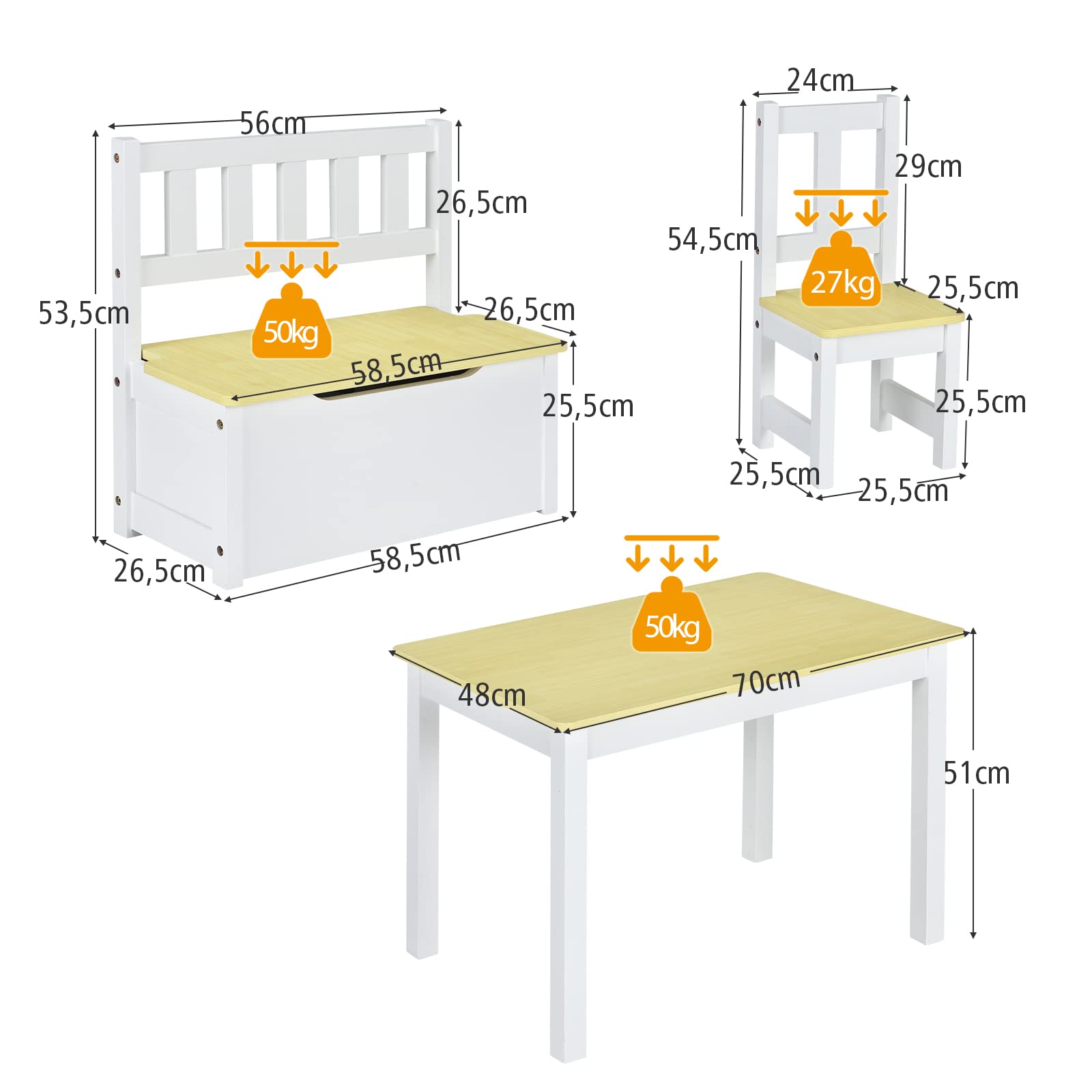 COSTWAY Set 4 Pezzi Tavolo e Sedie per Bambini, 2 in 1 Tavolino Attività di Legno per Bambini con 2 Sedie e 1 Panca, per Giocare Disegnare Leggere e Mangiare (Naturale)