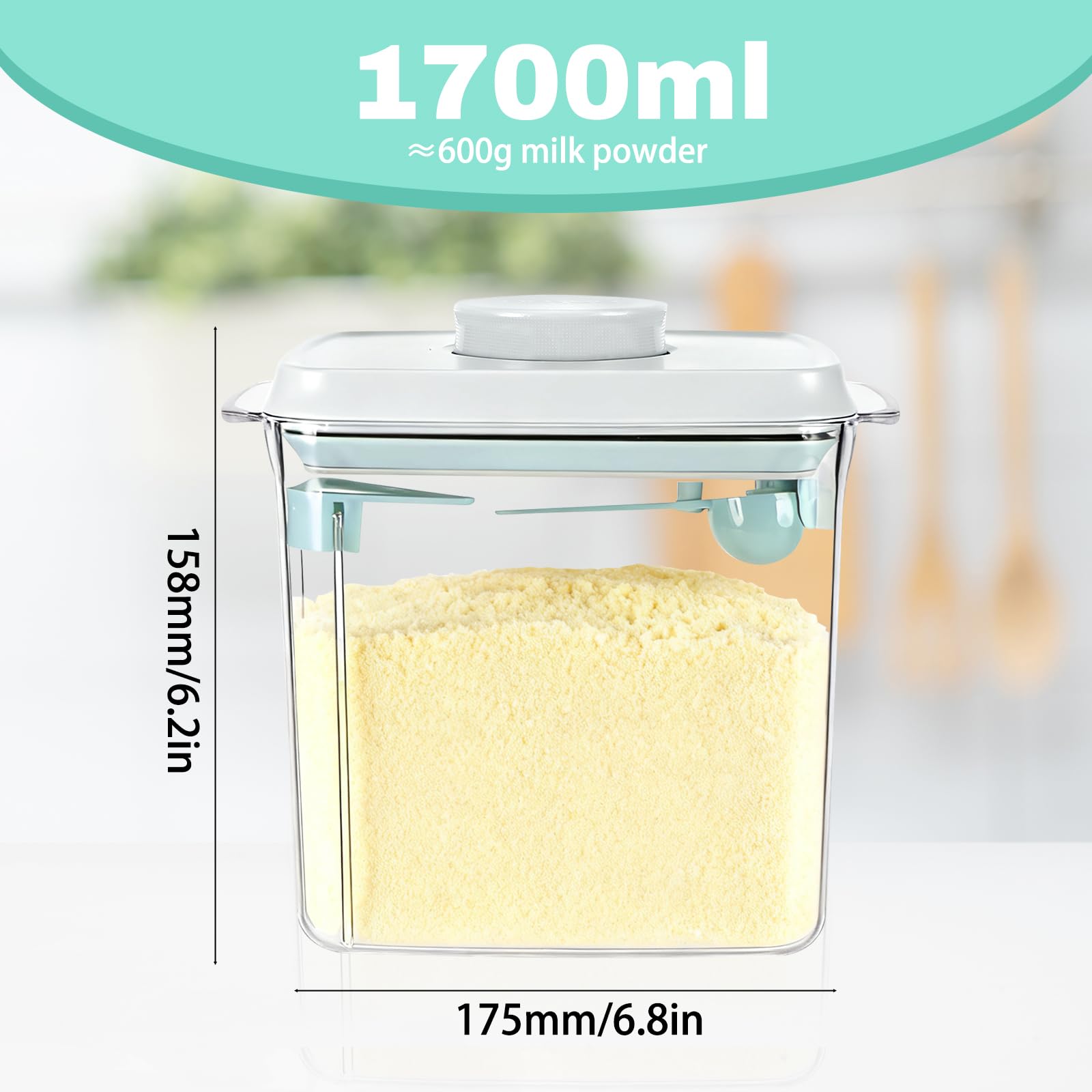 Dosatore per latte in polvere da 1700 ml con cucchiaio, contenitore sigillato a prova di perdite, contenitore per proteine ​​in polvere, contenitore sigillato, rimovibile e lavabile