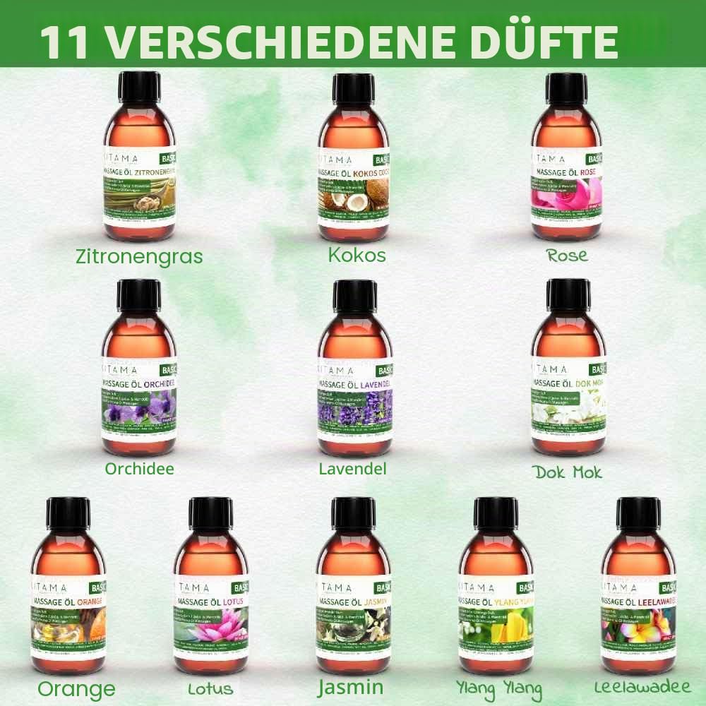 Kitama Massageöl Aroma Set 6 x 1L - Rose Jasmin Orange Lavendel Kokos | Authentisches Thaimassage-Öl Set mit 6 Aromen inkl. Zitronengras. Hautfreundliches Körperöl für Spa, Wellness & Massage