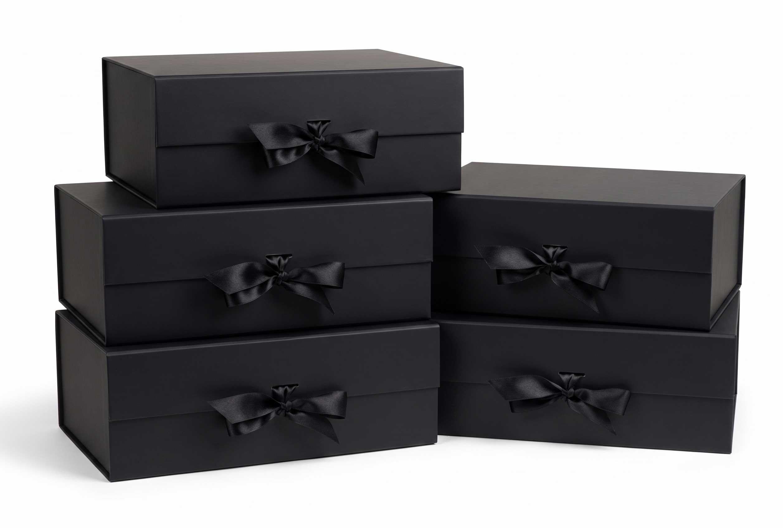 Emartbuy Black Flat Pack Magnetic Gift Box with Ribbon – 33 x 25 x 12 cm – Fits Books, Clothing & Mid-Size Gifts – Birthdays Weddings Christmas Corporate Gifting Trade Wholesale – Pack of 5 Boxes — image 1