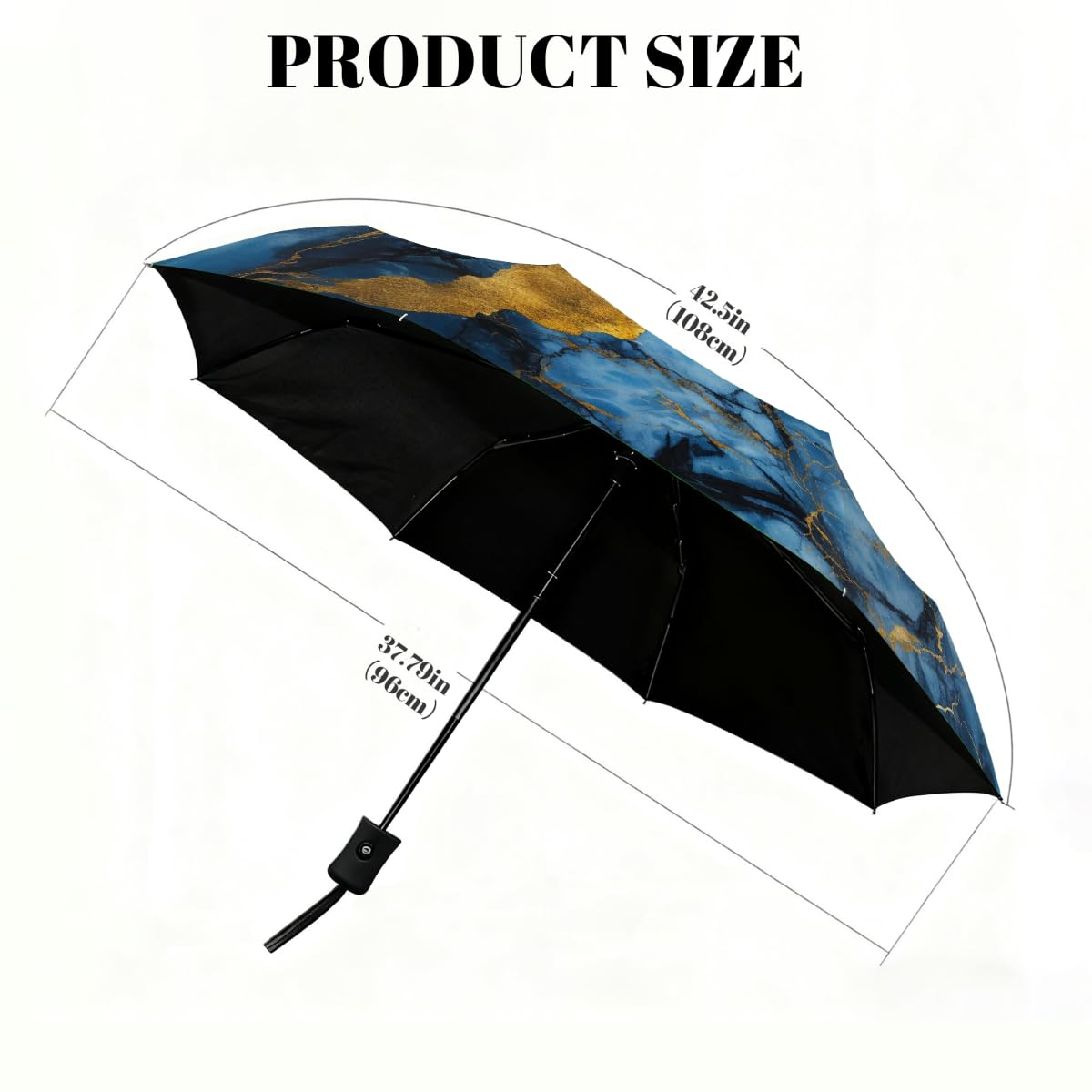 Ombrello pieghevole da viaggio con motivo a crepe blu marmo oro ombrello compatto antivento impermeabile con protezione UV rivestimento nero leggero 8 coste portatile per pioggia sole