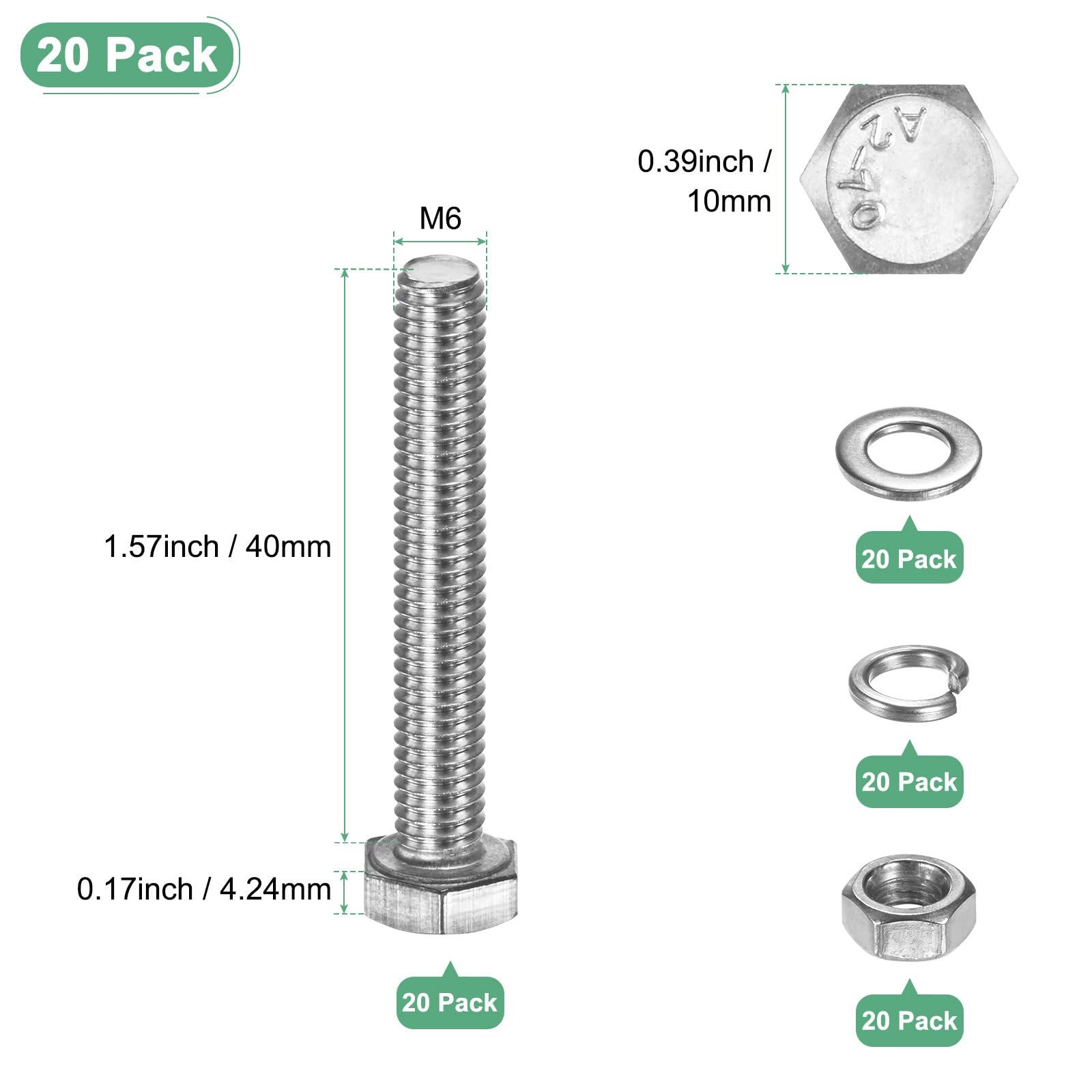 M METERXITY 20-Pack Hex Head Screw Bolt with Nuts Flat & Lock Washers M6x40mm Stainless Steel Bolts and Nuts Kit Fully Threaded Metric Bolt Assortment for Equipment/Machinery - Image 3