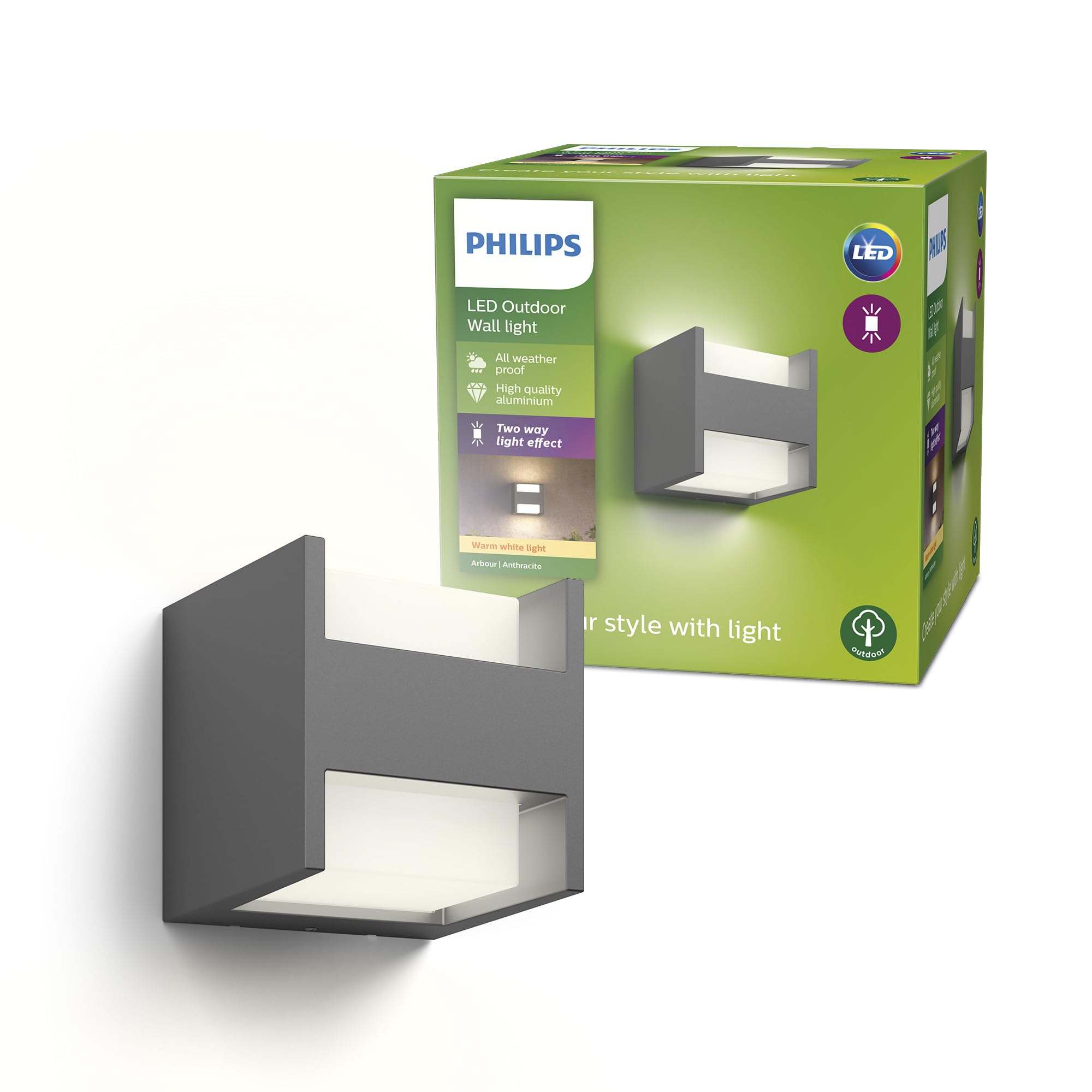 Philips Philips Arbour LED Outdoor Wall Light, 4.5W, 1,000 lm, 2,700 K Warm White Light, IP44 Weather-resistant, Vertical Light, Built-i