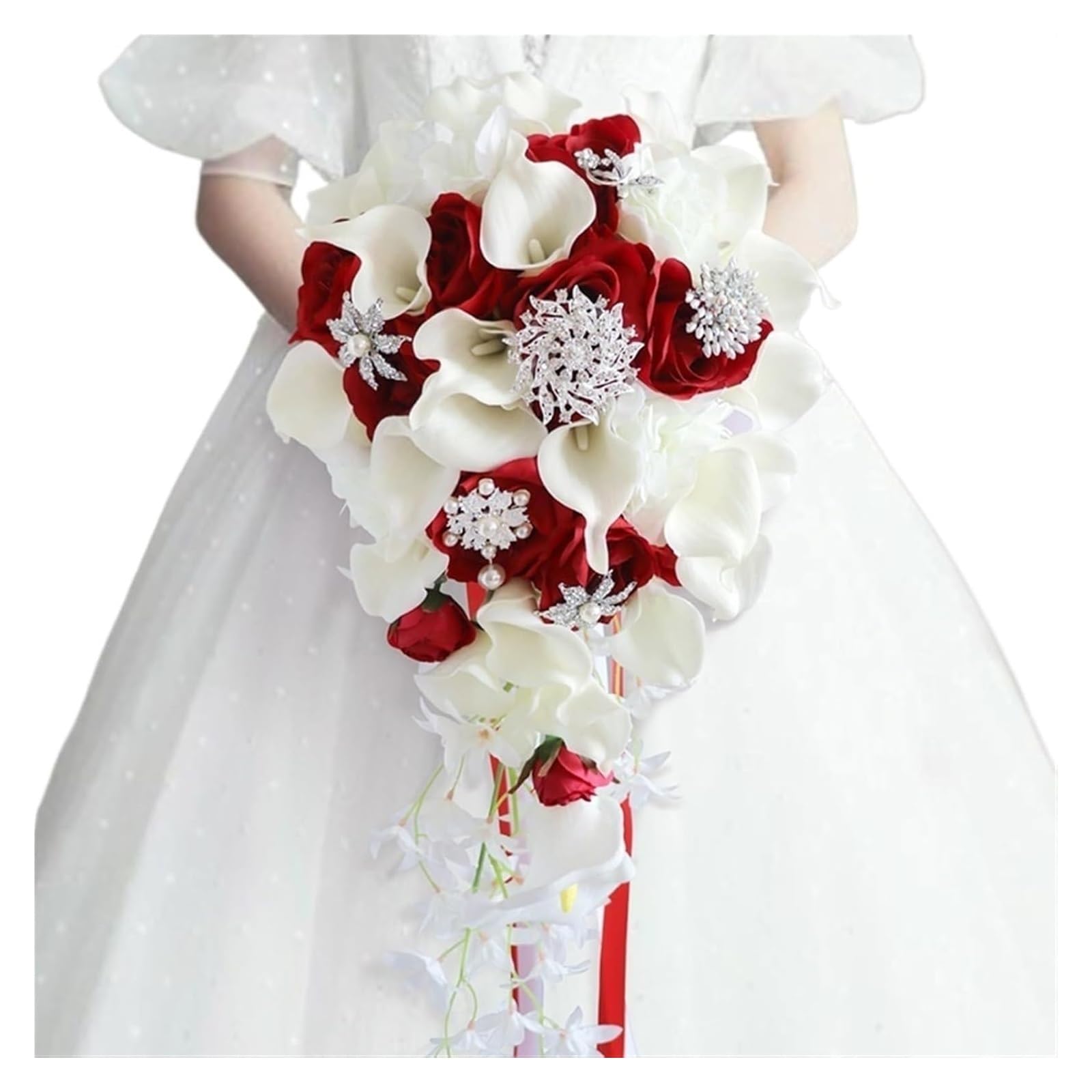 Eomo Red Artificial Flowers Bouquets,Bridal Bouquet,Wedding Bouquet Teardrop Bridal Bouquet Cascading Artificial Rose Bouquet For Bride Holding Wedding Centerpiece Decor(Red)