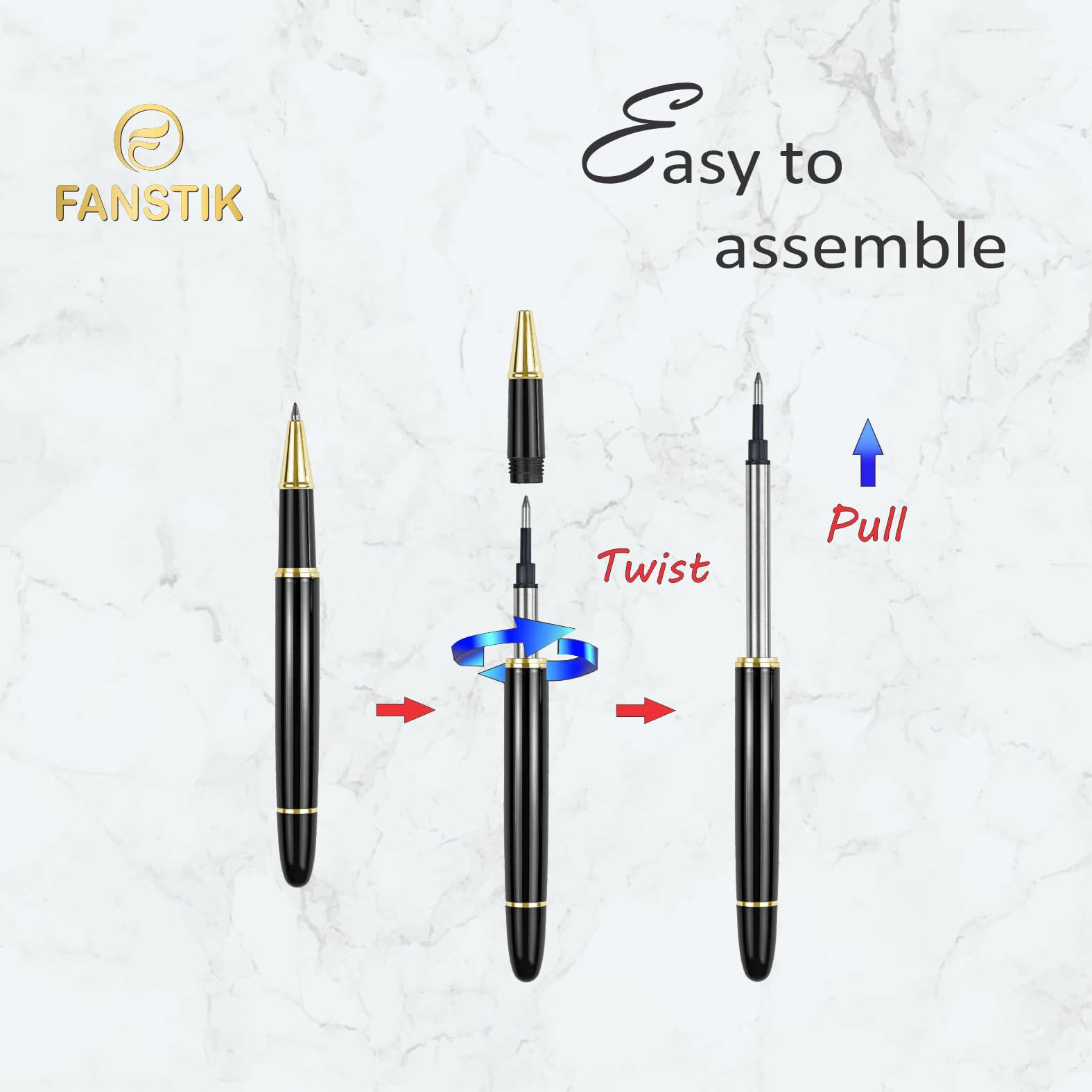 FANSTIK Customized RollerBall pen with name (MADE IN USA), stainless steel, black and gold, luxury engraved pen personalized for men and for women. (RollerBall Black-Gold)