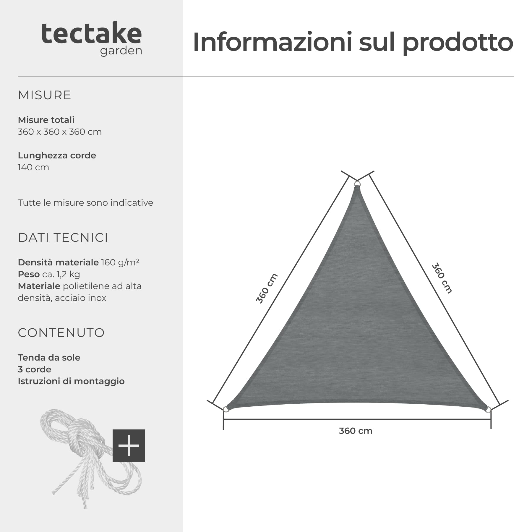 Tenda a Vela Solare 3,6 x 3,6 x 3,6 m Protezione UV 50+ Telo Occhiellato Traspirante Anelli Acciaio Inox