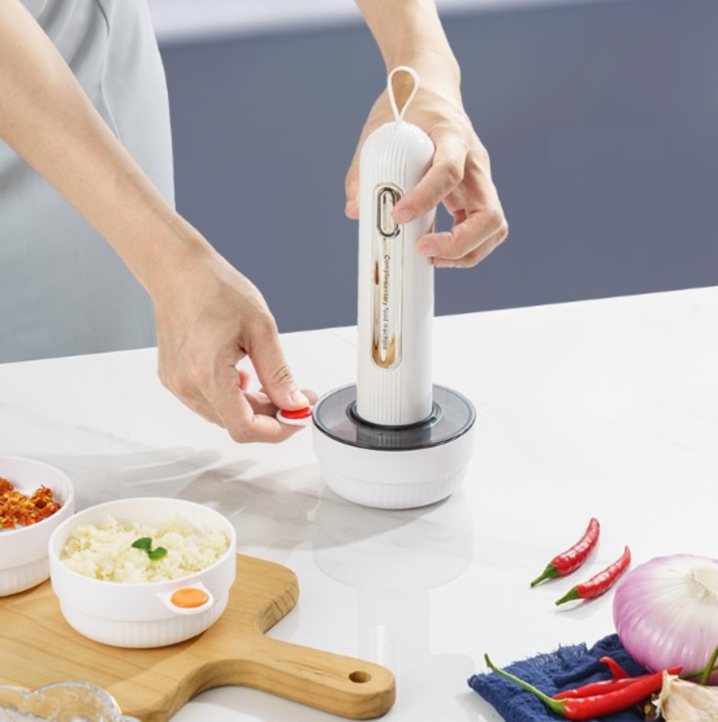 Wielofunkcyjny zestaw roboczy kuchennych z miską 1500 ml, 3 małe miski, system 4 noży, bezprzewodowa konstrukcja do mięsa i przypraw