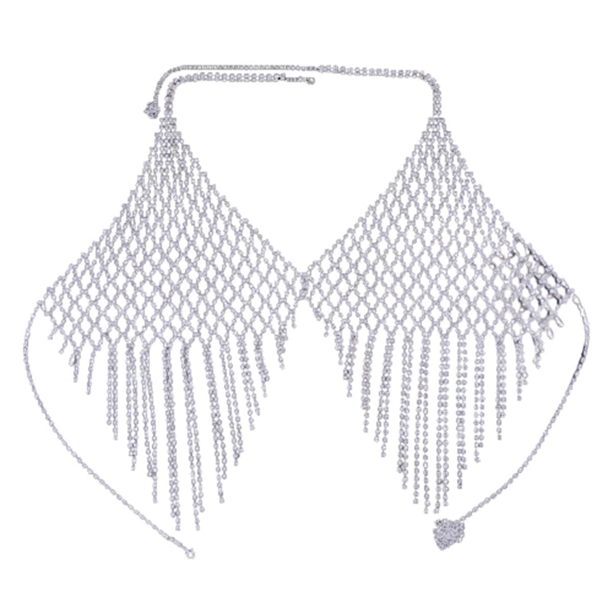 Rhinestone Chest Chain Body Chain Crystal Bikini Bra Chain Summer Beach Nightclub for Women (Silver)