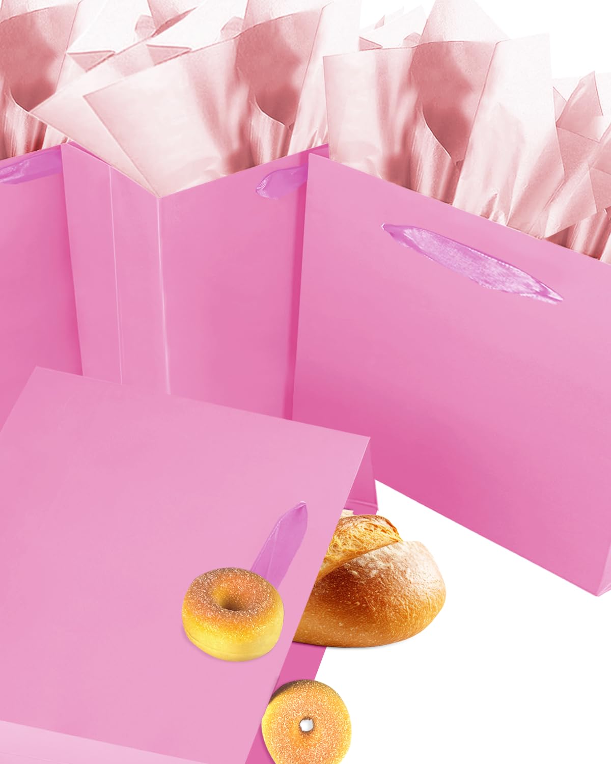 qiqee 5PCS Pink Gift Bags with Ribbon Handles 9.6"x7.9"x4.3" Medium Size Gift Bags (Tissue Paper included, Medium Wide)