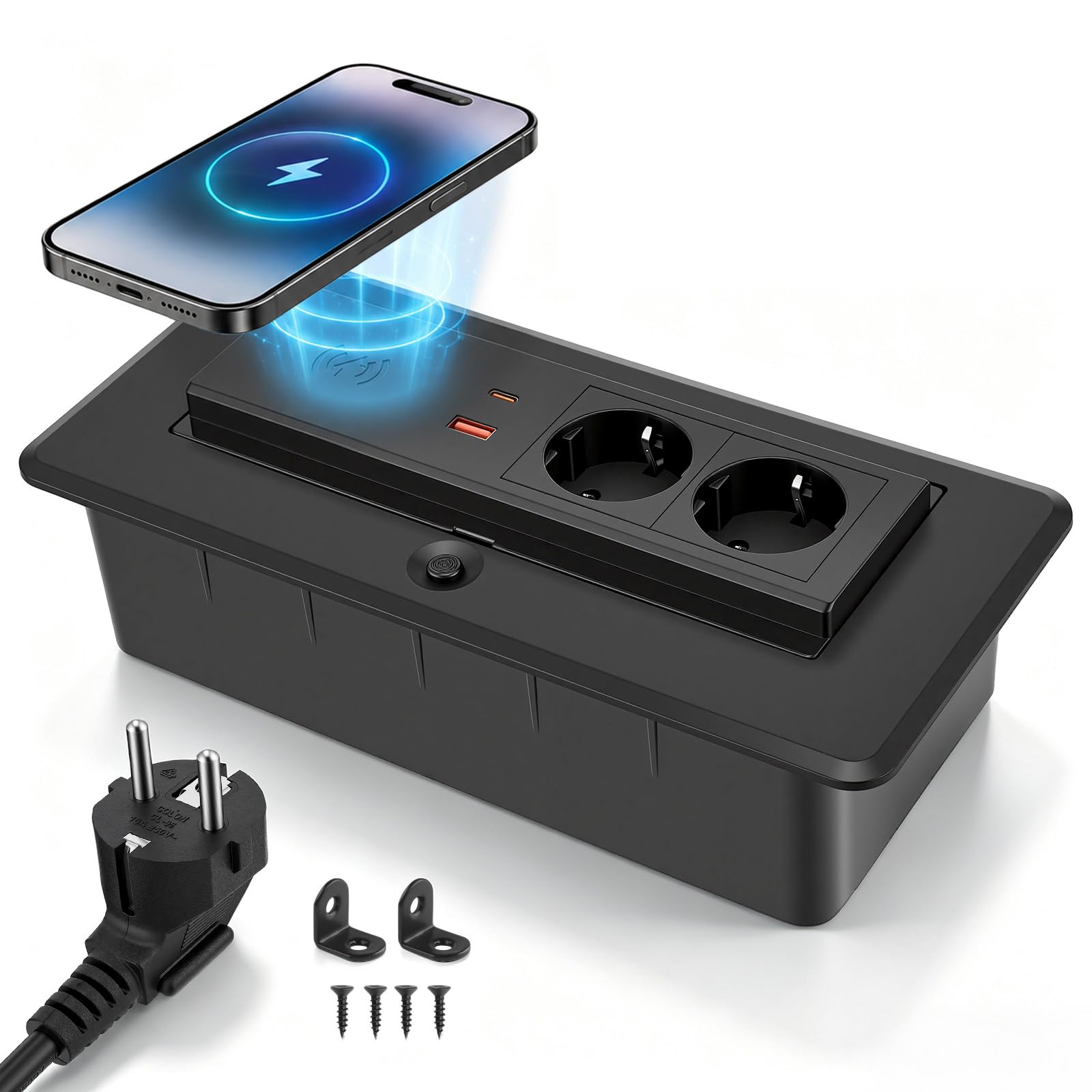 Versenkbare Steckdose 2-Fach mit USB A and USB-C PD 20W Schnellladefunktion & 15W kabellosem Ladegerät, Pop-Up Tischsteckdose für Arbeitsplatte, Schreibtisch, platzsparende Steckdosenleiste Einbau