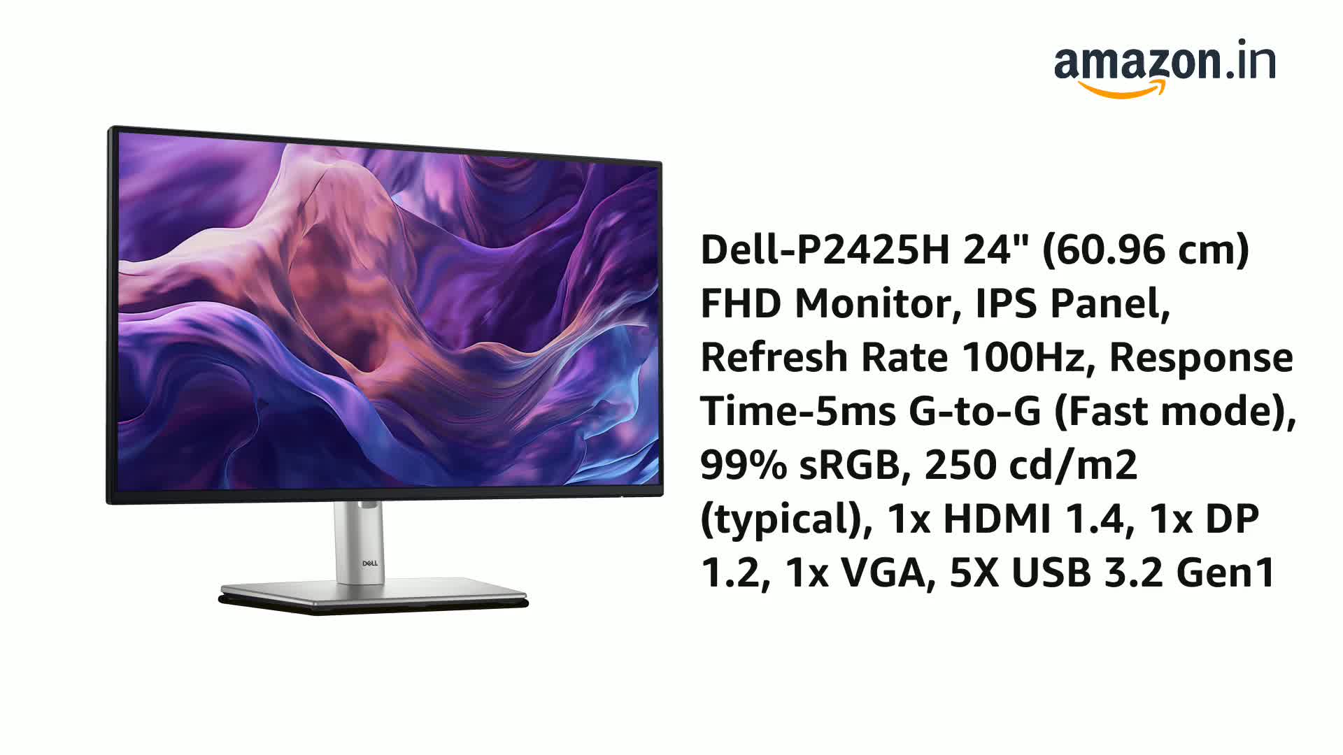 Dell 24 inch P2425H Monitor IPS FHD|100Hz| 99% sRGB | 250 cd/m2